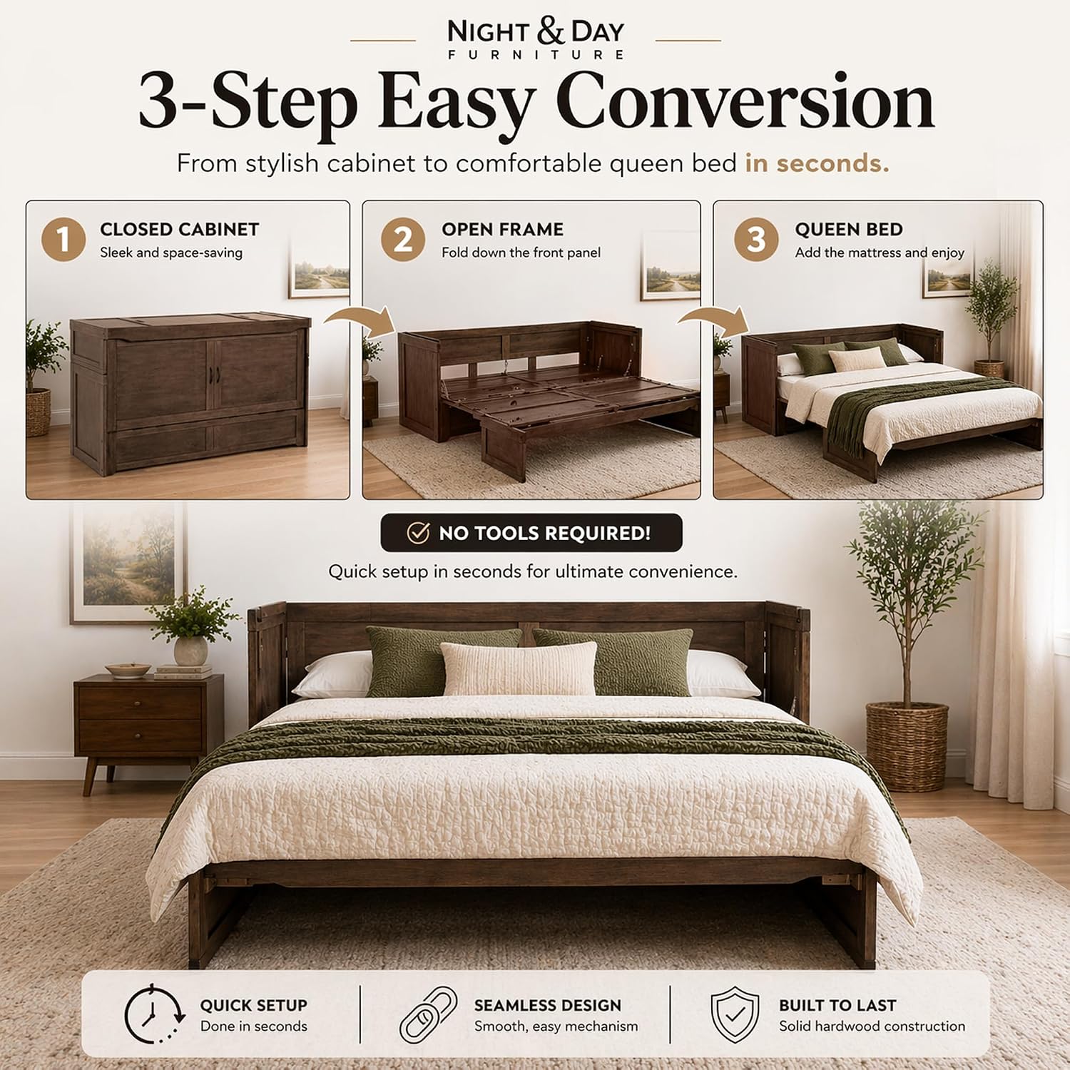 NIGHT & DAY Furniture Murphy Cube Cabinet Bed Queen – Solid Hardwood Fold-Out Space-Saving Portable Cabinet Bed with 6' Gel Memory Foam Mattress – Normandy Brown Finish