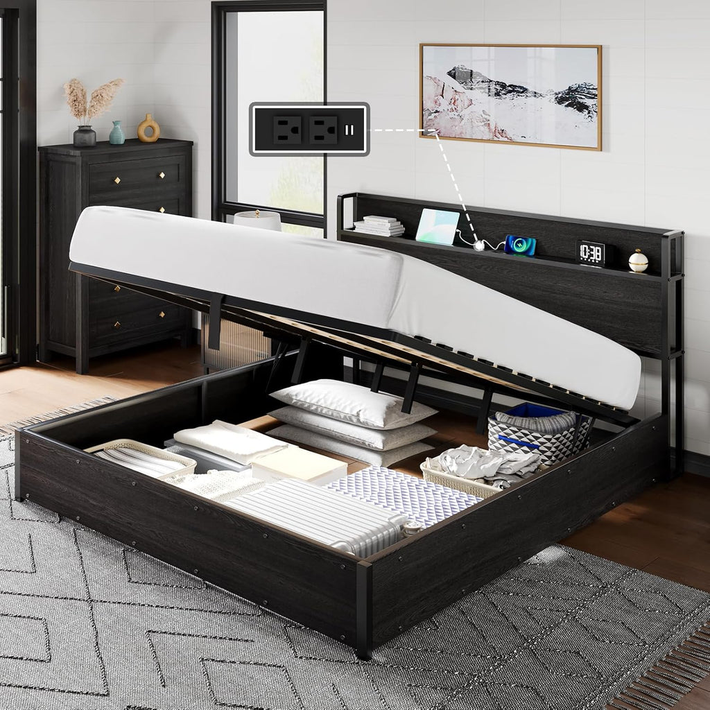AMERLIFE King Size Lift Up Storage Bed Frame, Wooden Platform Bed Frame with Lifting Storage & Charging Station, No Spring Box Needed/Noise Free, Black