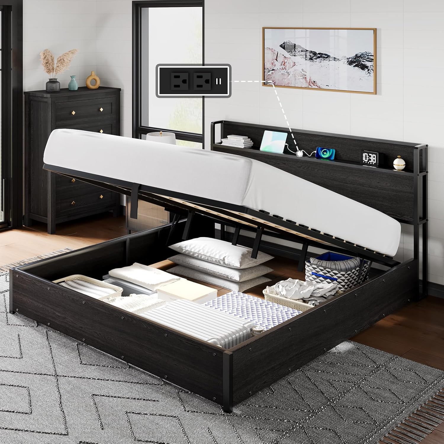 AMERLIFE King Size Lift Up Storage Bed Frame, Wooden Platform Bed Frame with Lifting Storage & Charging Station, No Spring Box Needed/Noise Free, Black