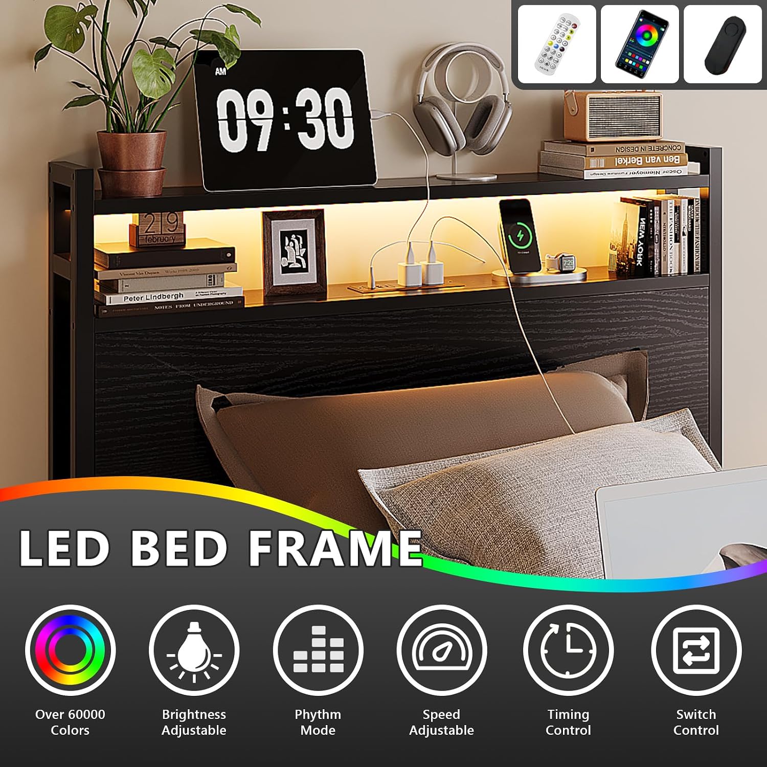 VINGLI Twin Bed Frame Set of 2 with 4 Storage Drawers and Adjustable Headboard Shelf, Metal Platform with Charging Station and LED Lights, No Box Spring Needed, Noise Free, Easy Assembly, Black