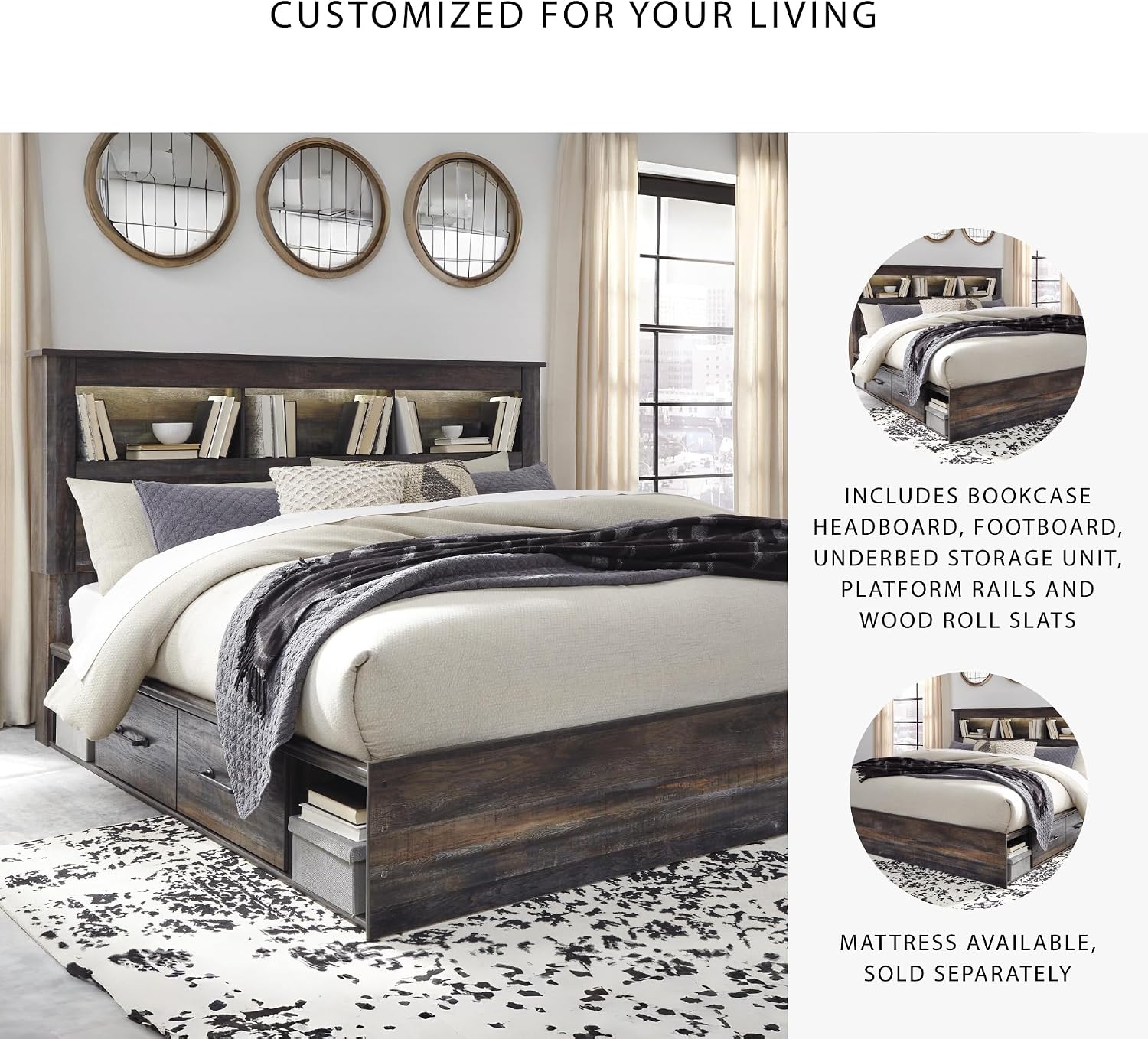 Signature Design by Ashley Drystan Rustic King Bookcase Bed with 2 Storage Drawers, Open Cubbies and LED Light, Foundation or Box Spring Not Needed, Dark Brown & Gray