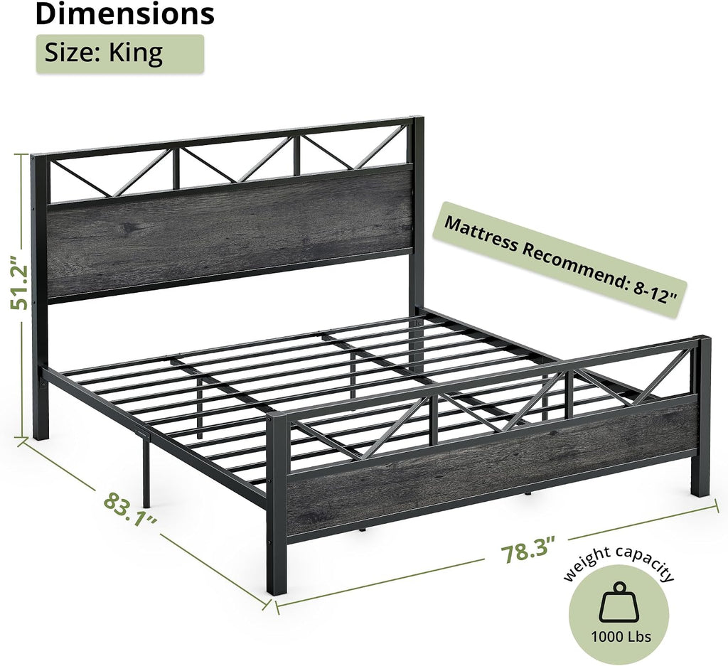 LIKIMIO King Bed Frame, Tall Industrial Headboard 51.2 ', Platform Bed Frame with Strong Metal Support, Solid and Stable, Noise Free, No Box Spring Needed, Easy Assembly, Charcoal Grey