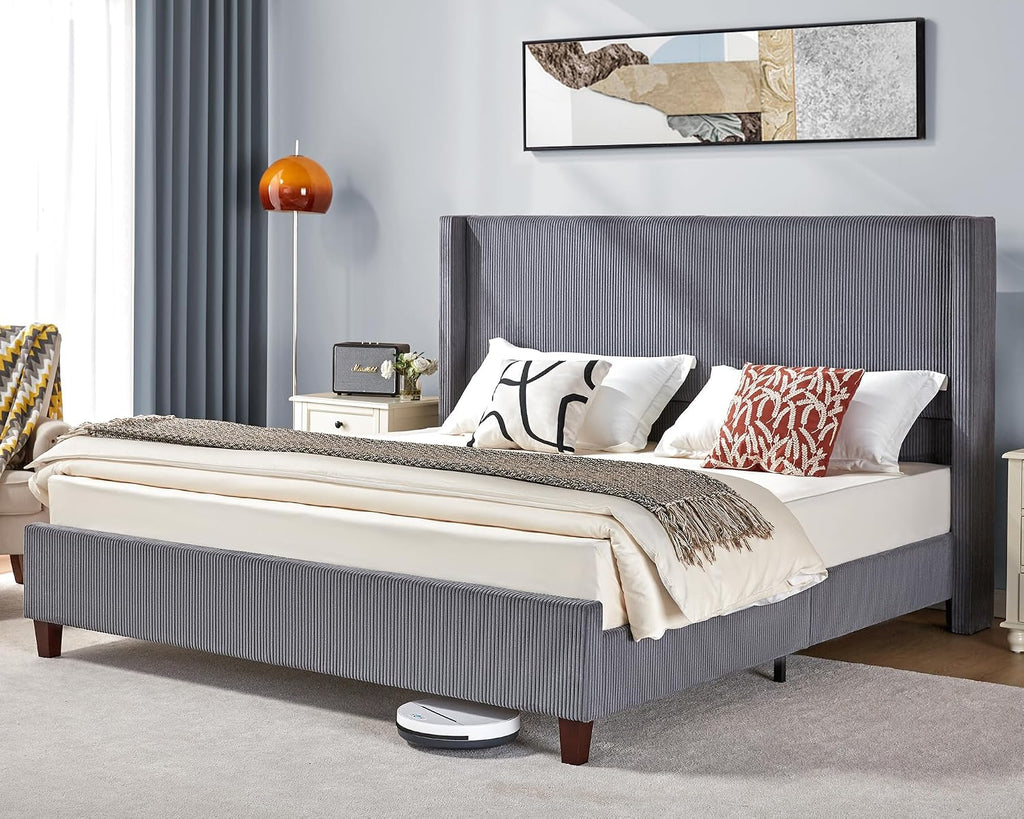 VanAcc King Size Platform Bed Frame, 50.8' Corduroy Upholstered Bed with Vertical Channel Tufted Headboard/Wooden Slats/Wingback/No Box Spring Required/Grey