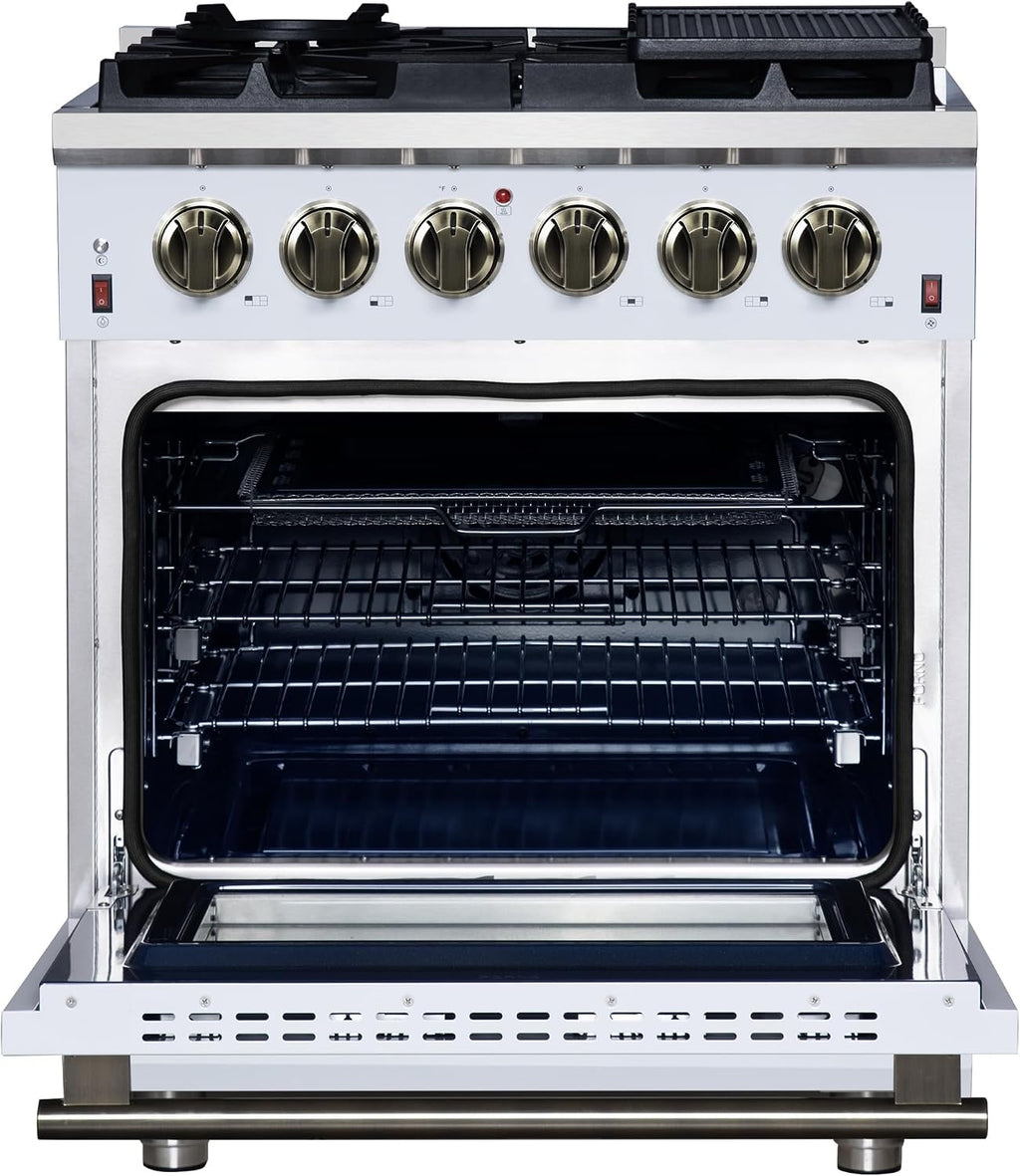 FORNO Massimo 30' Freestanding Gas Range with Antique Brass Accents & 5 Sealed Burners, 4.32 cu.ft Convection Oven with Air Fryer Kit, Wok Support, Reversible Griddle & Telescopic Racks – White