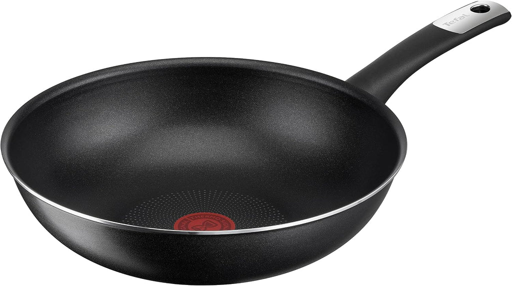 Tefal C38819 Hard Titanium Essential Wok Pan 28 cm | Non-Stick Coating with Titanium Particles | Thermal Signal Temperature Indicator | Dishwasher Safe | Made in France | Black