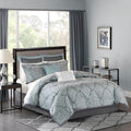 Madison Park Lavine Cozy Bed in a Bag Comforter Set, Traditional Luxe Jacquard Design All Season Down Alternative Bedding with Cotton Bed Sheets, Bed Skirt & Pillows, King Blue 12 Piece