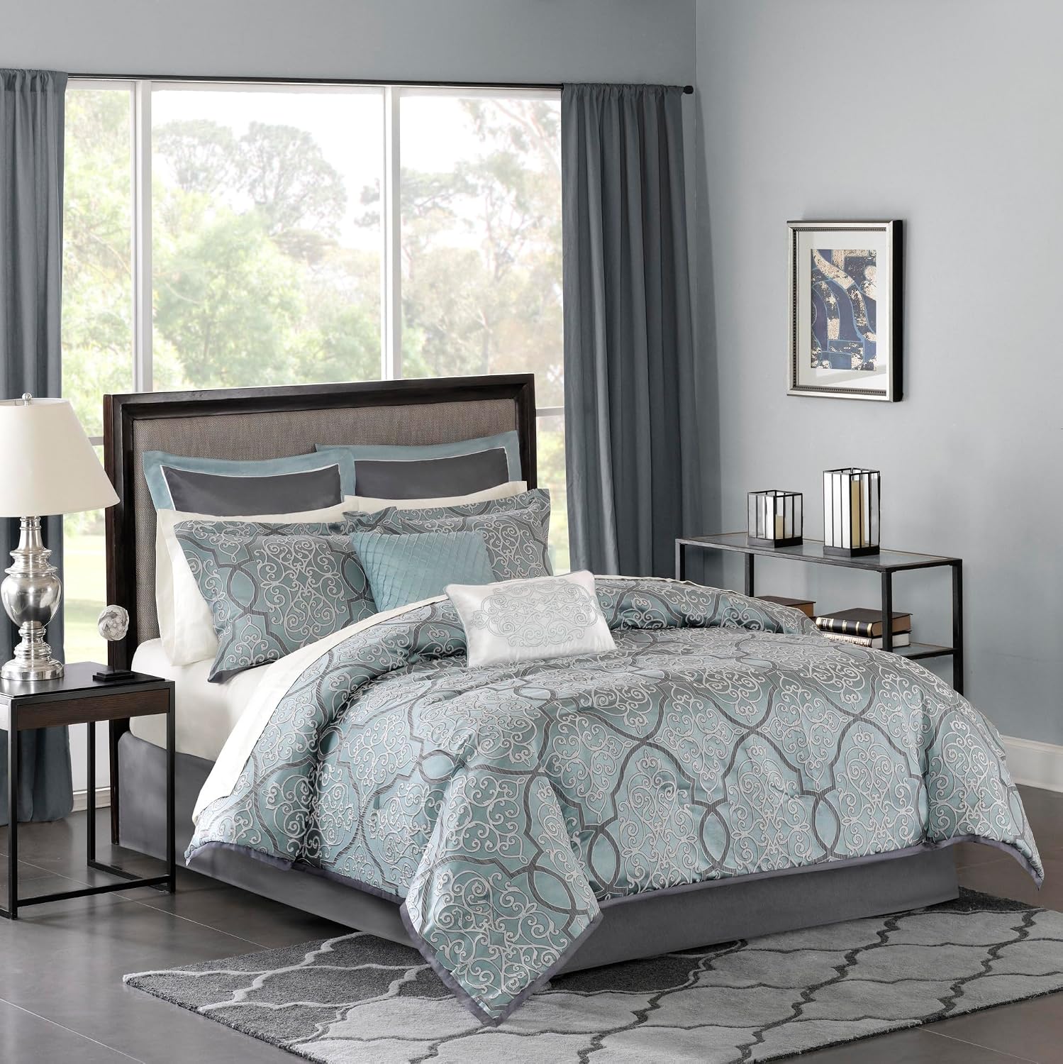 Madison Park Lavine Cozy Bed in a Bag Comforter Set, Traditional Luxe Jacquard Design All Season Down Alternative Bedding with Cotton Bed Sheets, Bed Skirt & Pillows, King Blue 12 Piece