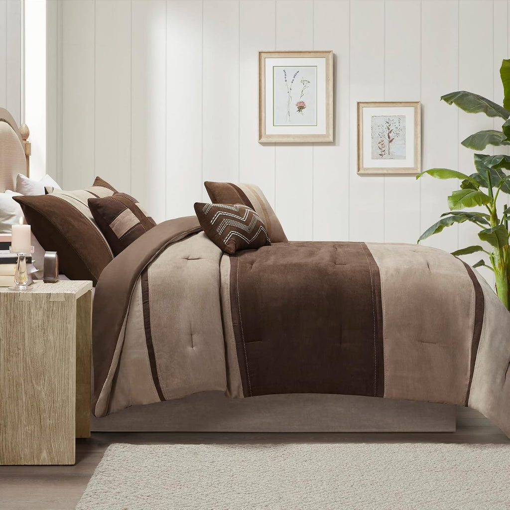 Madison Park Palisades Comforter Set Modern Faux Suede Pieced Stripe Design, All Season Down Alternative Cozy Bedding with Matching Shams, Decorative Pillows, King(104'x92'), Brown 7 Piece