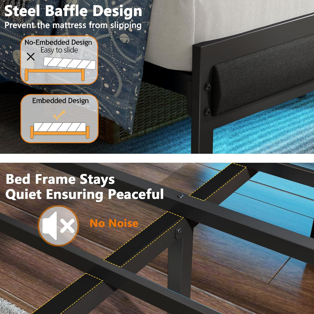 Furnulem King Size Bed Frame with Headboard, LED Light and Charging Station, Metal Platform Bed with Heavy Duty Slats, No Box Spring Needed, Noise Free & Easy Assembly