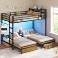DICTAC Triple Bunk Bed for Kids with Storage Drawers and Charging Station Twin Over Twin Metal Bunk Bed with Storage Shelves and Box,3 Beds with Guardrails and Ladder, No Box Spring Needed, Black