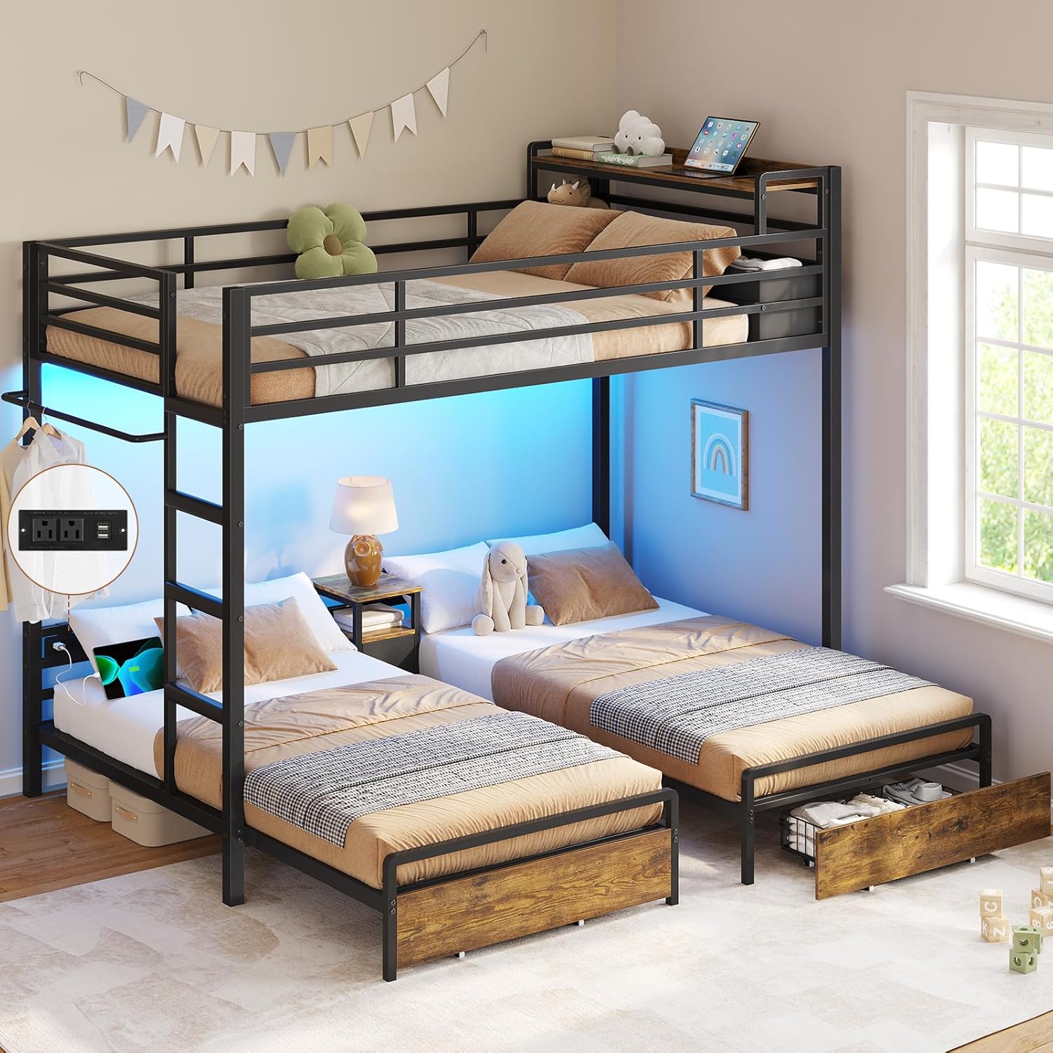 DICTAC Triple Bunk Bed for Kids with Storage Drawers and Charging Station Twin Over Twin Metal Bunk Bed with Storage Shelves and Box,3 Beds with Guardrails and Ladder, No Box Spring Needed, Black