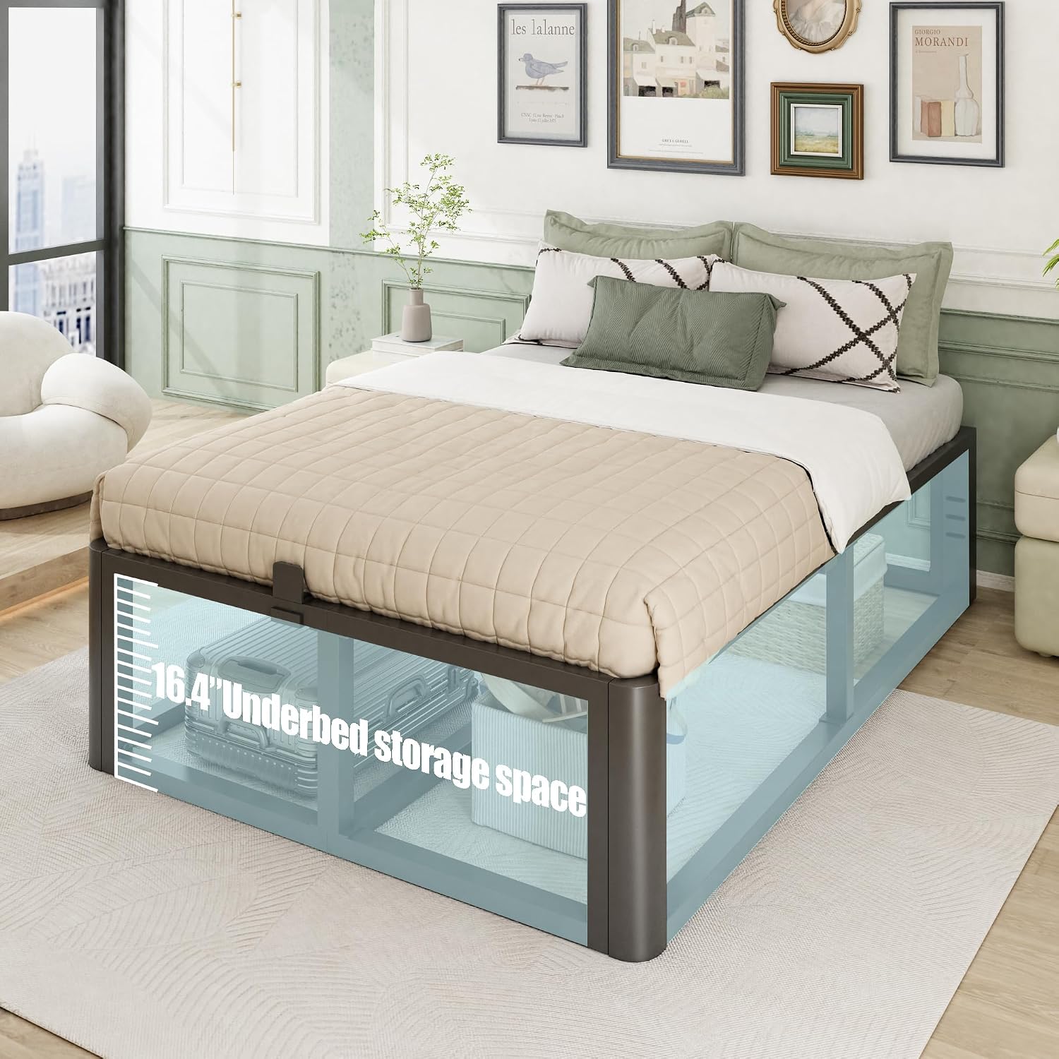 Firpeesy Metal Heavy Duty 18 inch Full Bed Frame with Rounded Corner and Headboard Hole Mattress Retainers 3500 LBS No Box Spring Needed Platform Noise Free Easy Assembly