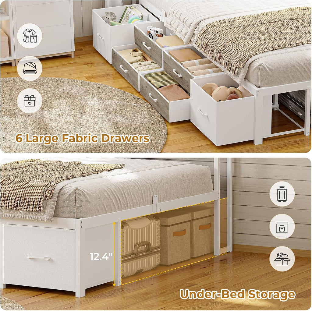 MSmask 14 Inch Corner Bed Frame with Bookcase Storage, Twin XL Daybed with 6 Drawers, Charging Station and LED Light, Twin XL Size Metal Platform Bed Frame for Kids Teenagers, White & Oak Grey