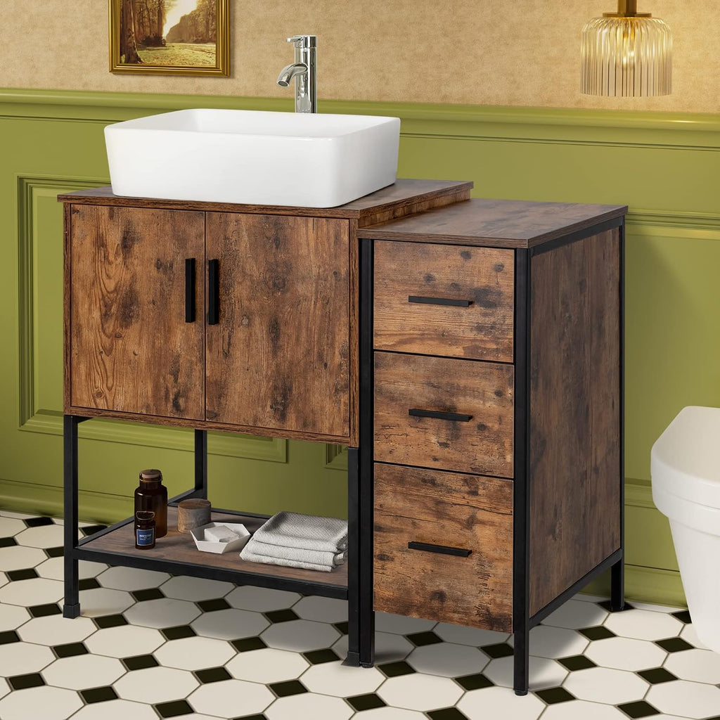 UEV 36' Antique Bathroom Vanity, Dark Brown Bathroom Vanity Set with Sink and 3 Drawers Side Cabinet Combo, Iron Wood Bathroom Cabinet with Adjustable Water Temperature Faucet (T03)