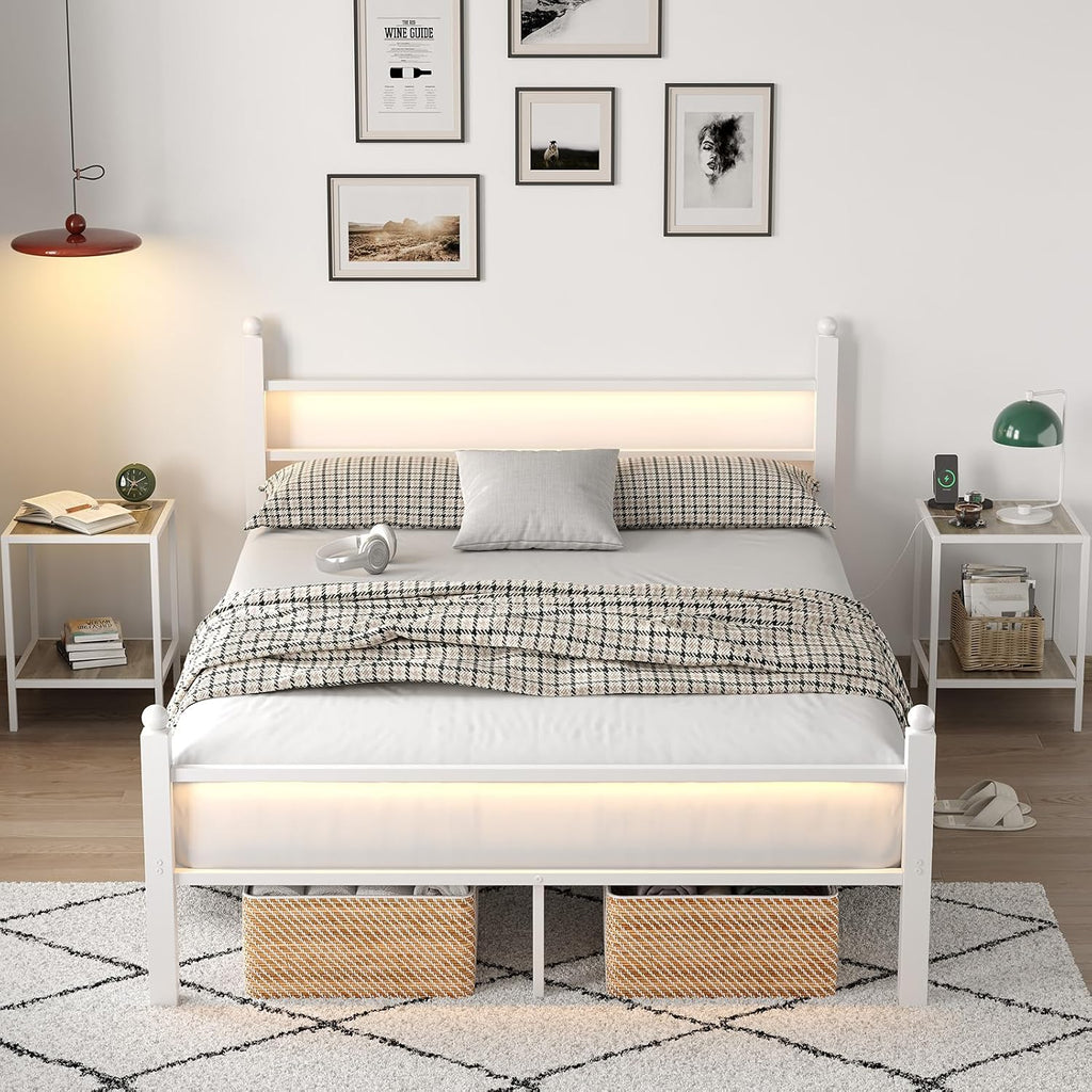 CollaredEagle Full Bed Frame with Headboard and Footboard, Metal Bed Frame with Charging Station and LED Lights, Under Bed Storage, No Box Spring Needed,Noise Free, White