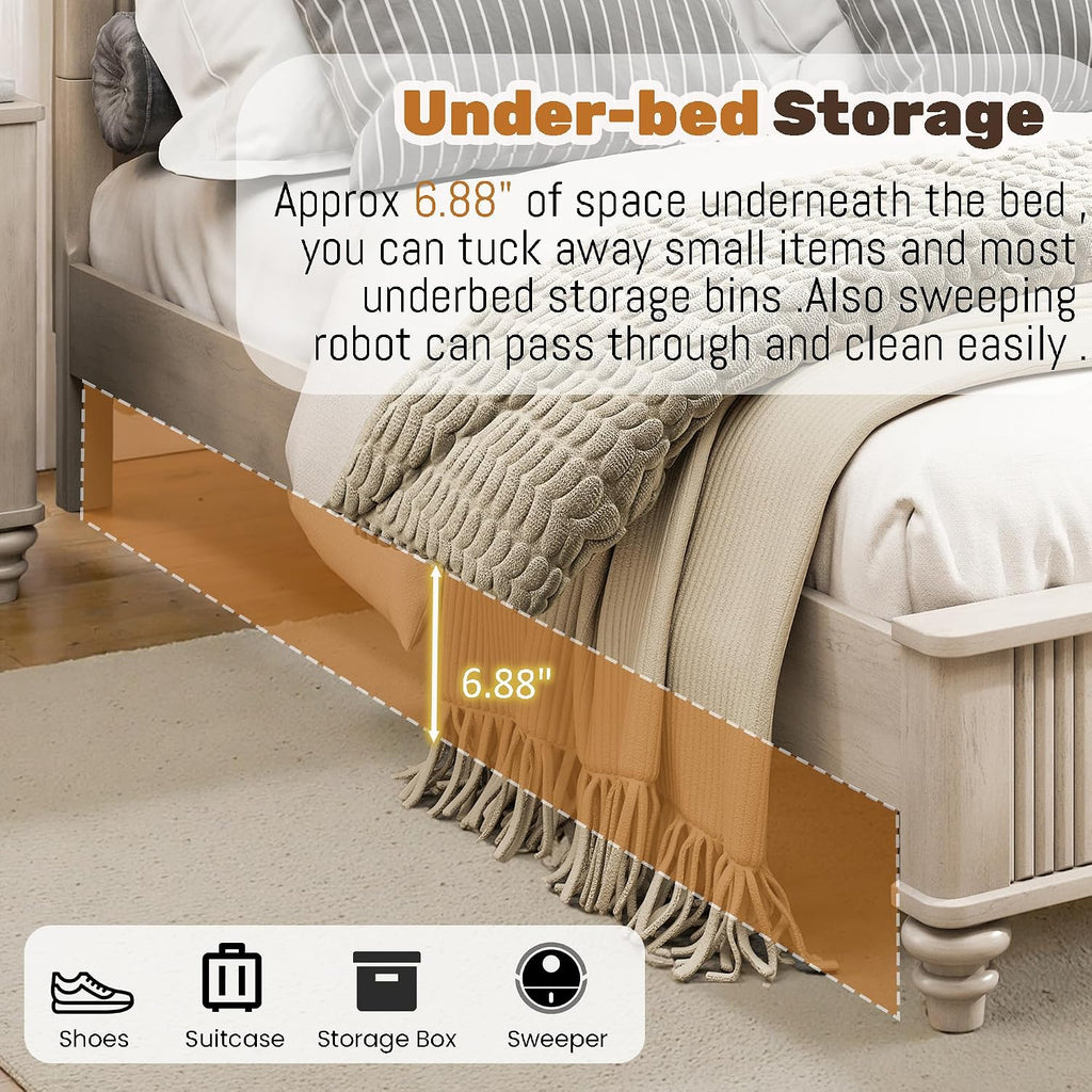 Mirightone King Size Platform Bed with Tall Headboard & Footboard,Rubber Wood King Bed Frame with Wood Panel Bed Base, Solid Wood Legs,No Squeak, No Box Spring Needed, Beige
