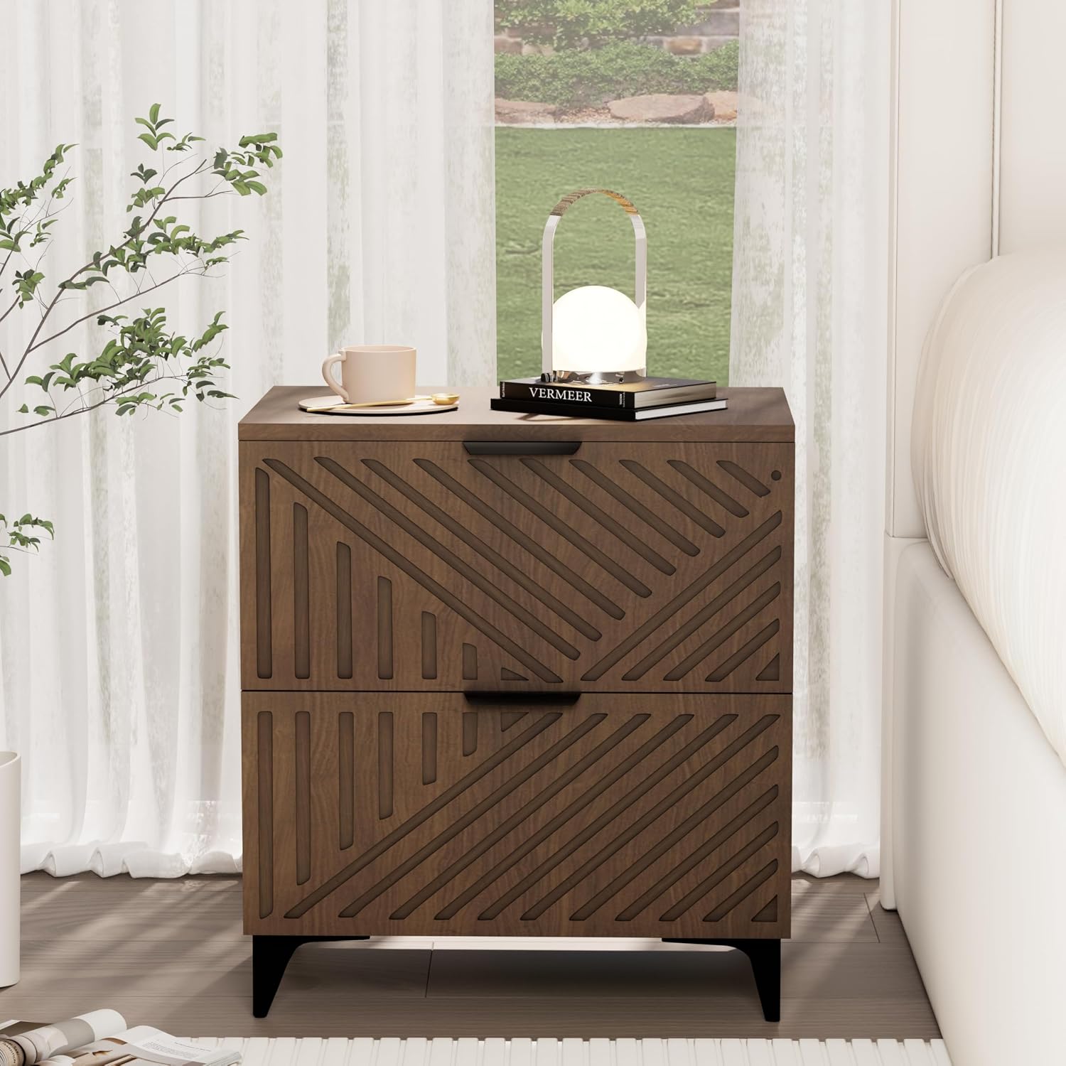 Royal Windsor Small Night Stand Set of 2, Fluted Nightstand with 2 Drawers, Side End Table with Storage, Modern Night Stand Bedside Table for Small Indoor Rooms, Brown