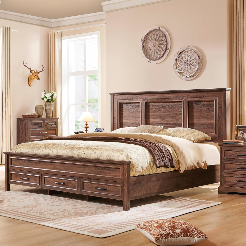 JXQTLINGMU Farmhouse Queen Wood Bed Frame with 52' Tall Headboard & 20' H Footboard, Platform Bedframe with Hidden Storage Drawers, Noiseless, No Box Spring Required, Brown