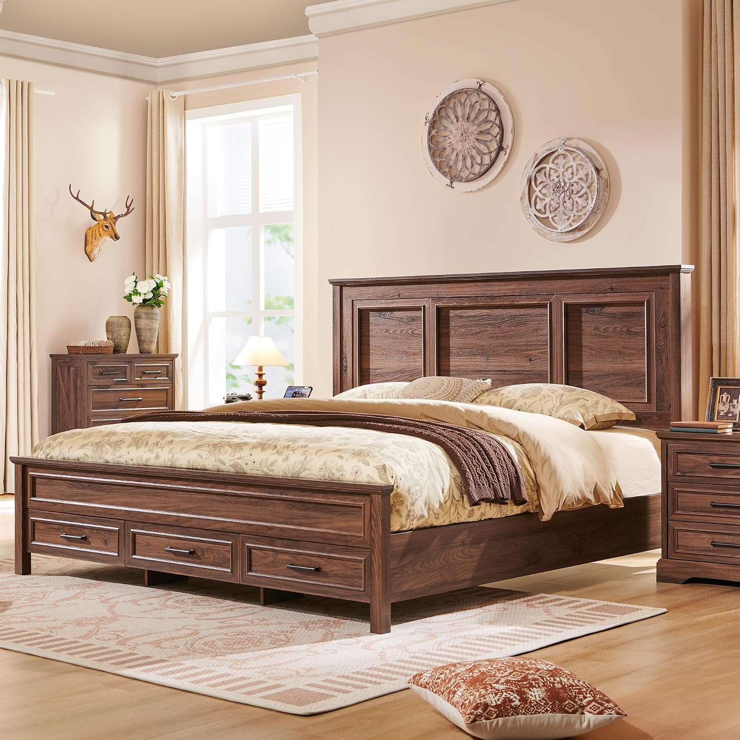 JXQTLINGMU Farmhouse Queen Wood Bed Frame with 52' Tall Headboard & 20' H Footboard, Platform Bedframe with Hidden Storage Drawers, Noiseless, No Box Spring Required, Brown