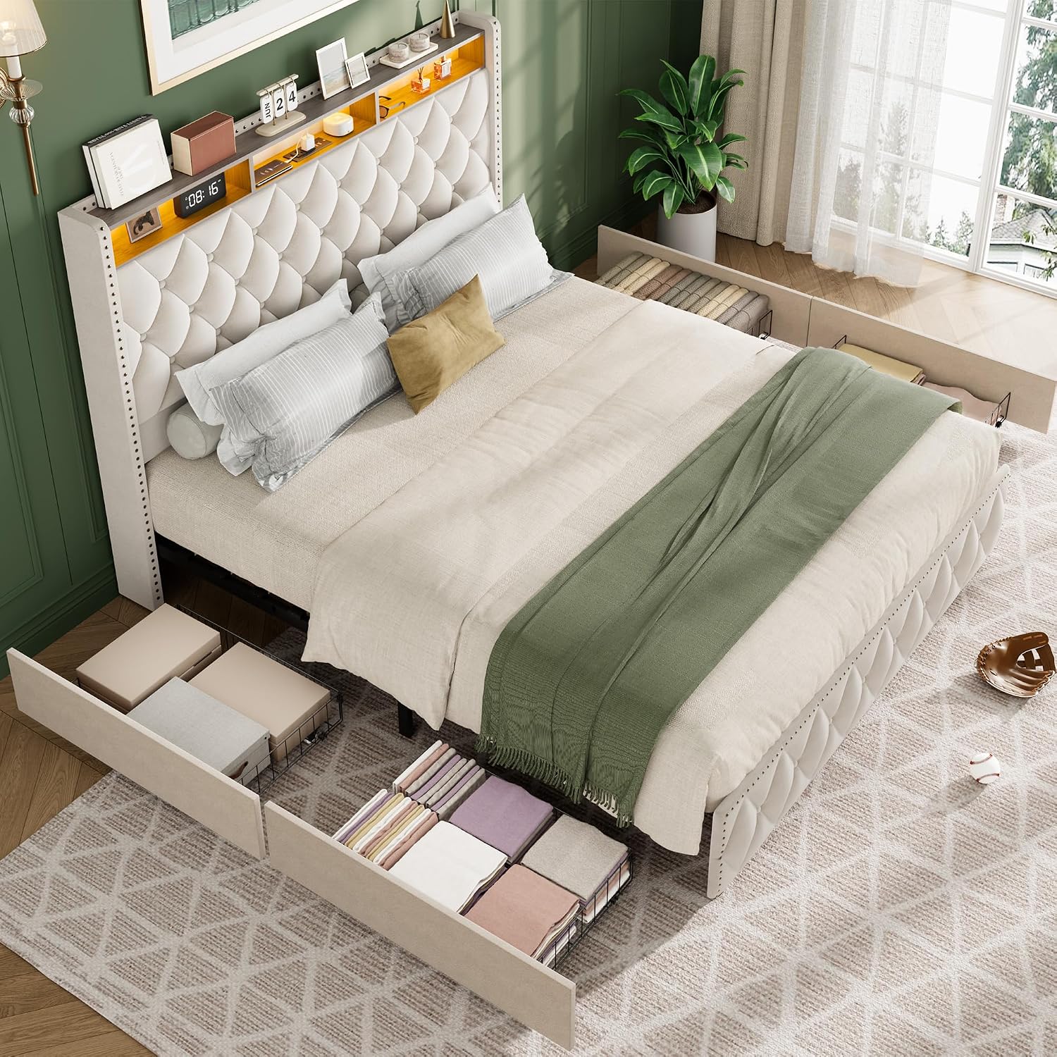 GarveeHome Queen Bed Frame with 50.8 in Tall Headboard, Platform Velvet Upholstered Bed Frame with 4 Storage Drawers, USB Charging Station, Led Lights, No Box Spring Needed, Easy Assembly, Beige