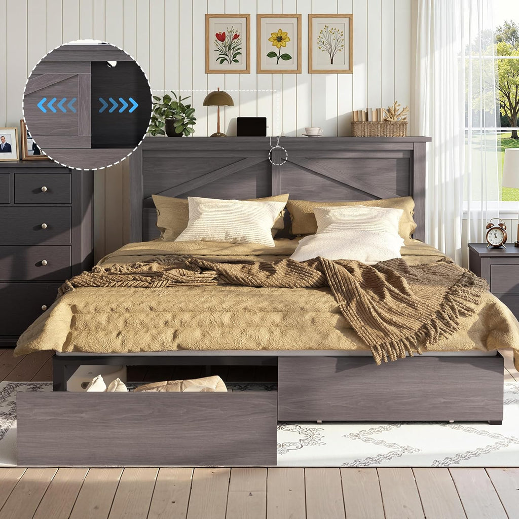 AMERLIFE 47.2' H Queen Bed Frame with Hidden Space Bookcase Headboard and Charging Station, Beds with 2 Storage Drawers and Wood Slats, No Box Spring Needed, Grey