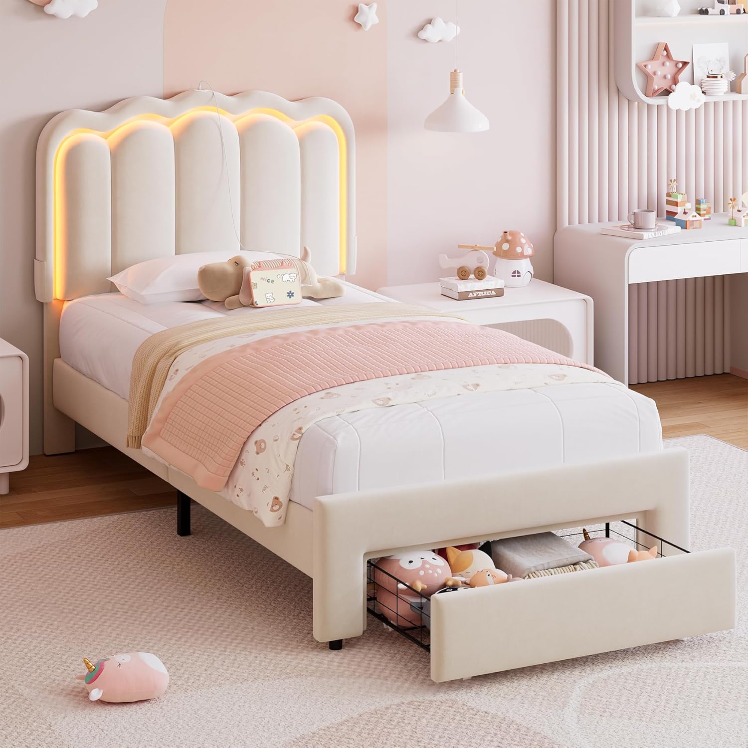 Velvet Upholstered Twin LED Bed Frame with Storage Drawer and Adjustable Chic Double Wavy Headboard, Princess Platform Bed for Kids/Girls, Solid Wood Slats Support, No Box Spring Needed, Beige