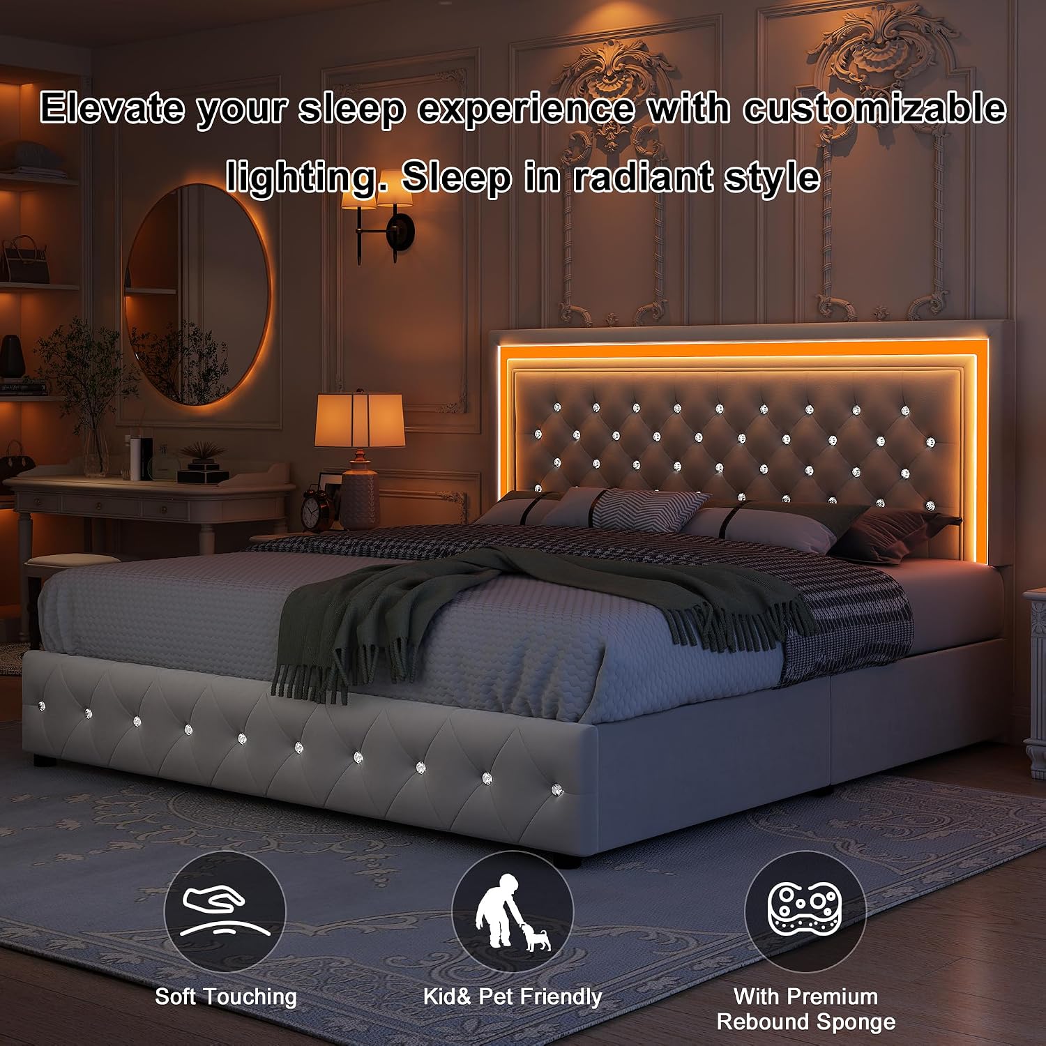 GEGOFORU King Led Bed Frame with 4 Storage Drawers, Bed Frame with Led Lights No Box Spring Needed, 900 lbs Capacity, Easy Assembly, Velvet Cream