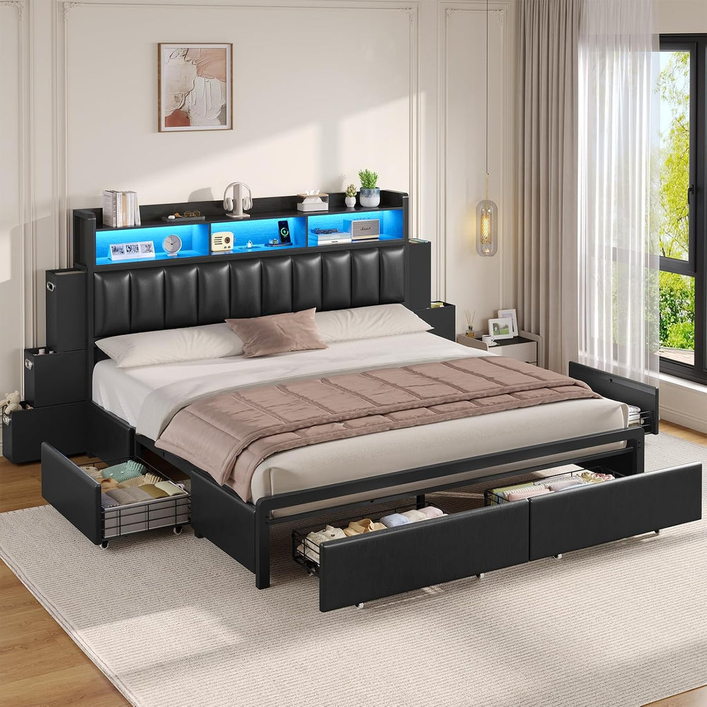 ADORNEVE King Size Bed Frame with 10 Storage Drawers & RGB Bookcase Headboard, PU Upholstered King Bed with Charging Station, Heavy Duty Metal Slats, No Box Spring Needed, Black