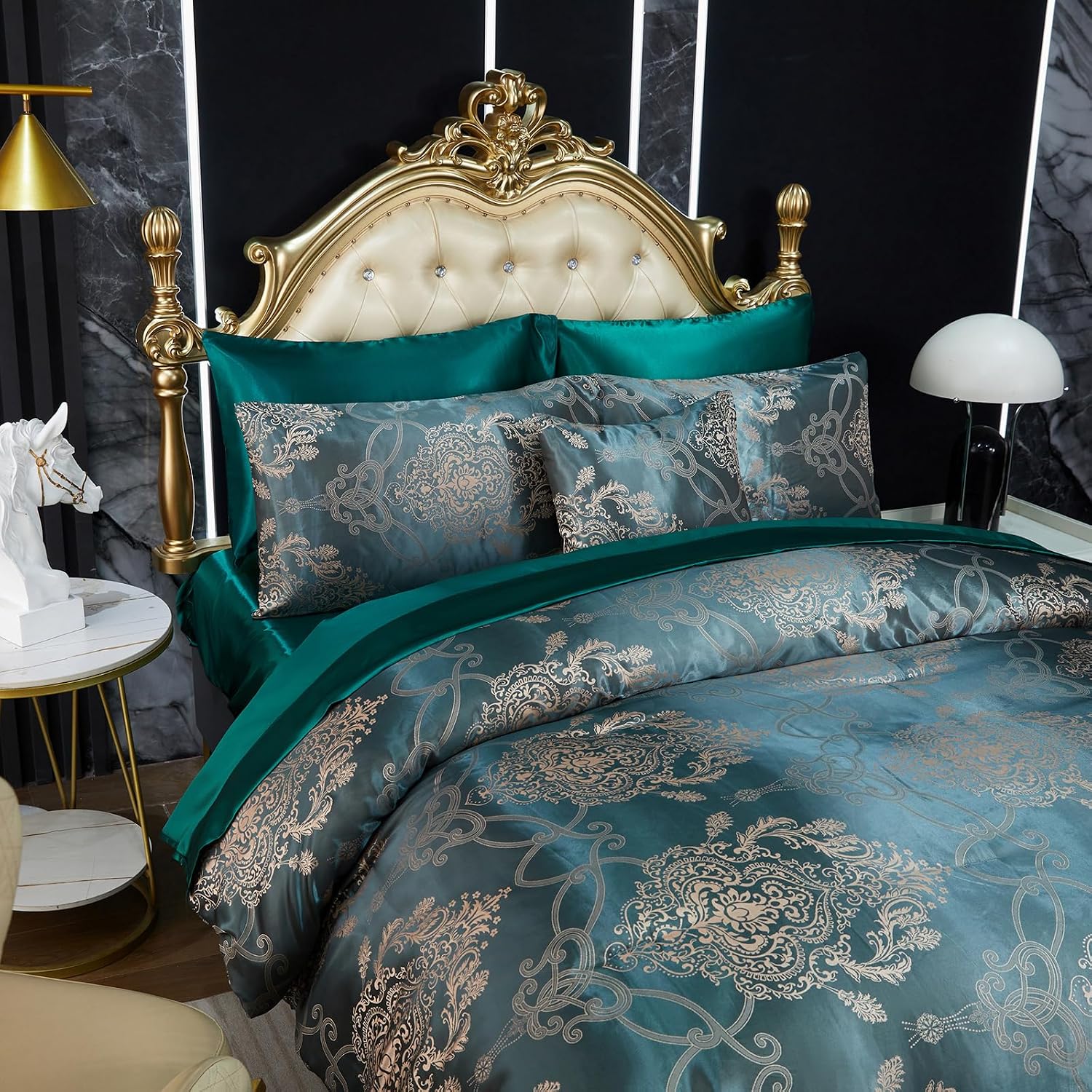 Green Jacquard King Comforter Set Sheet Set Elegant Bedding Set 8 Pcs Embroidery Neoclassical Floral Pattern Bed Home Decor Soft Down Comforter Luxury Hotel Silky Bed in a Bag with 1 Cushion Cover