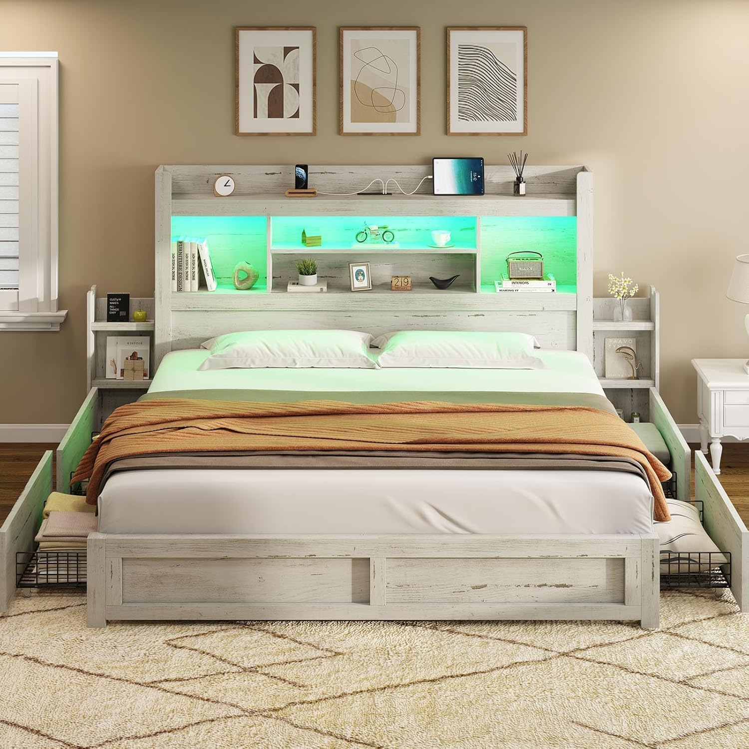 AMERLIFE California King Size Bed Frame with 4 Storage Drawers, LED Bed Frame with 49.6' Tall Bookcase Headboard, Wood Platform Bed with Charging Station & 2 Slide Bedside Shelf, Distressed White