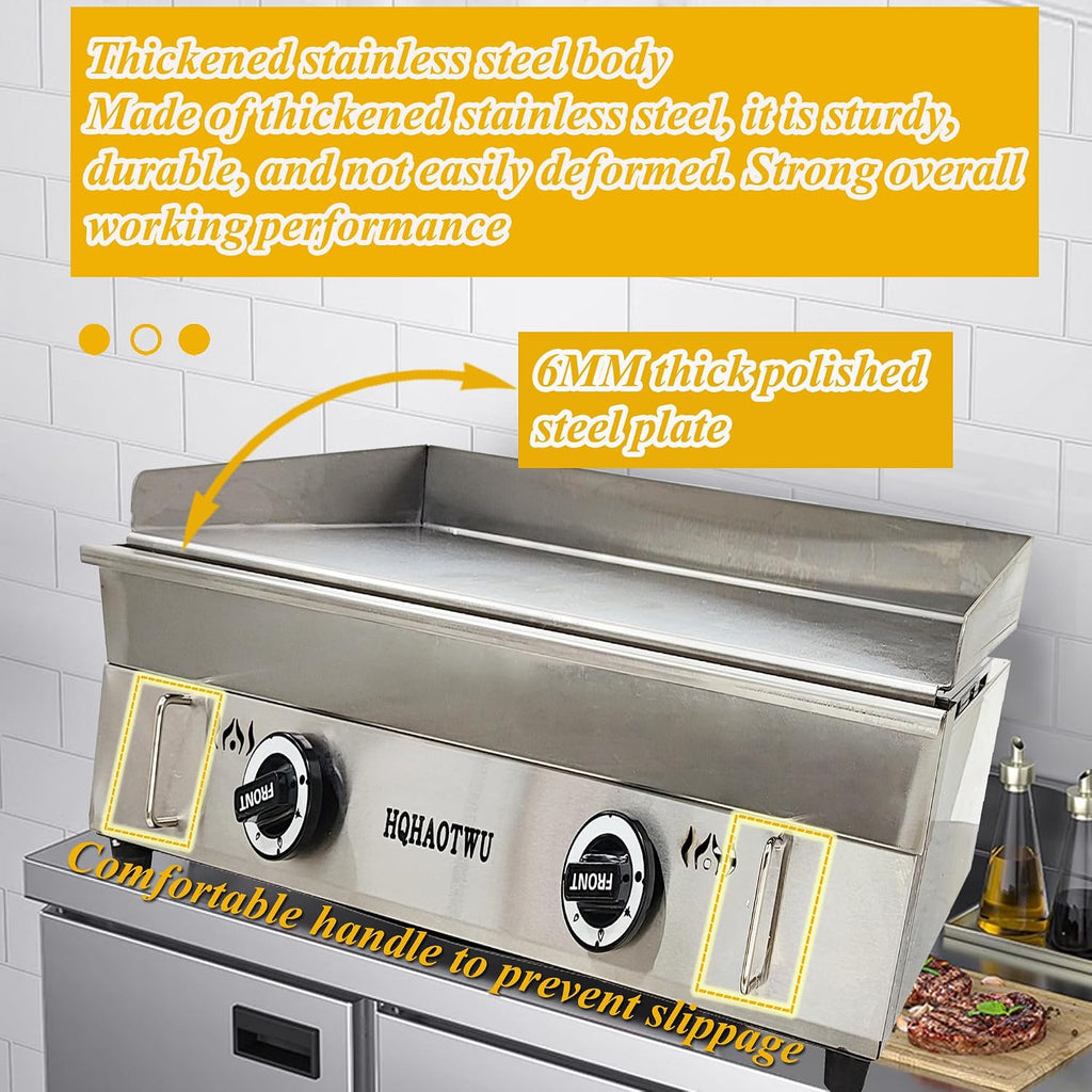 LPG Gas Griddle - Camp Countertop Flat Cooking Griddle with Temperature Control - 2800Pa Top Grill Hot Plate Stove - 2 Burner Outdoor Kitchen - Stainless Steel Grill BBQ Plate