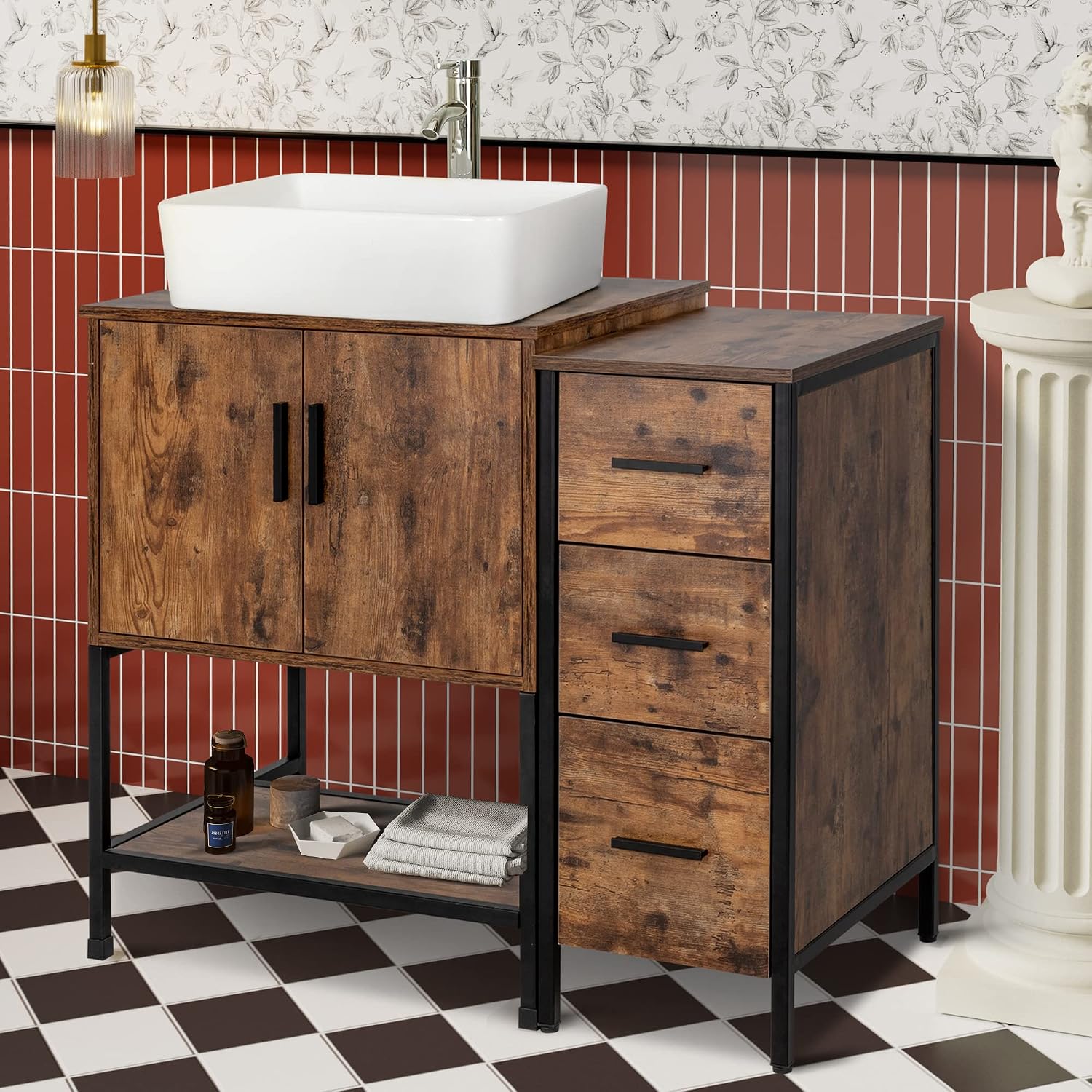 UEV 36' Antique Bathroom Vanity, Dark Brown Bathroom Vanity Set with Sink and 3 Drawers Side Cabinet Combo, Iron Wood Bathroom Cabinet with Adjustable Water Temperature Faucet (T03)