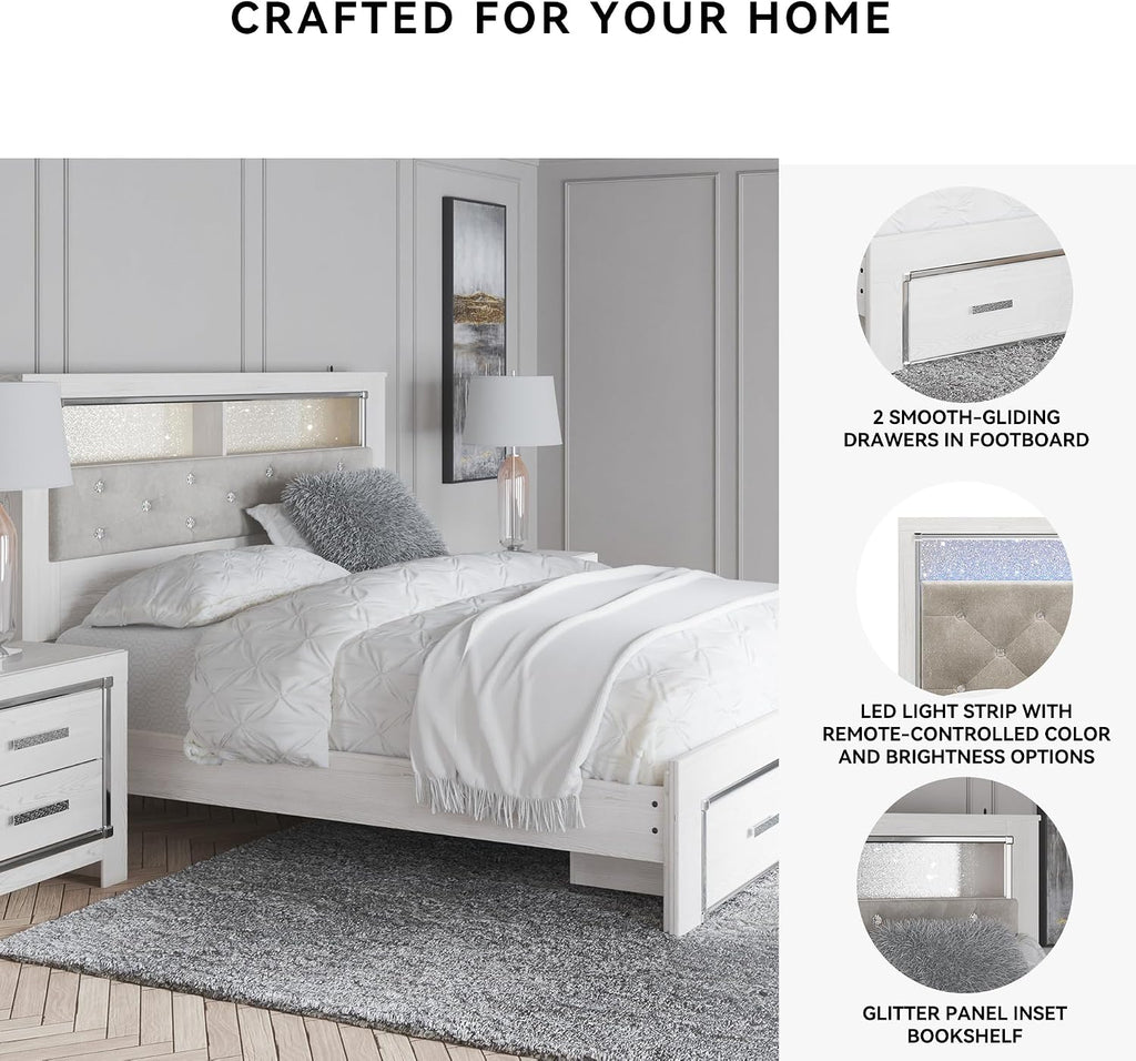 Signature Design by Ashley Altyra Contemporary Tufted Queen Upholstered Bookcase Platform Bed with LED Lights and 2 Drawers, Foundation or Box Spring Not Needed, White & Gray