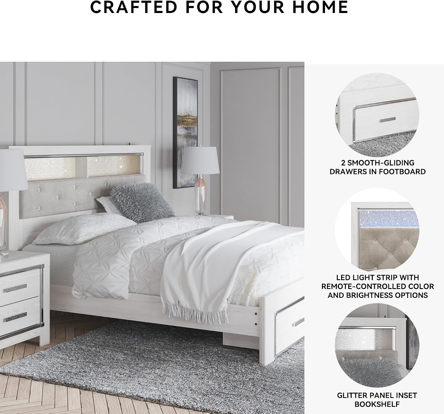 Signature Design by Ashley Altyra Contemporary Tufted Queen Upholstered Bookcase Platform Bed with LED Lights and 2 Drawers, Foundation or Box Spring Not Needed, White & Gray