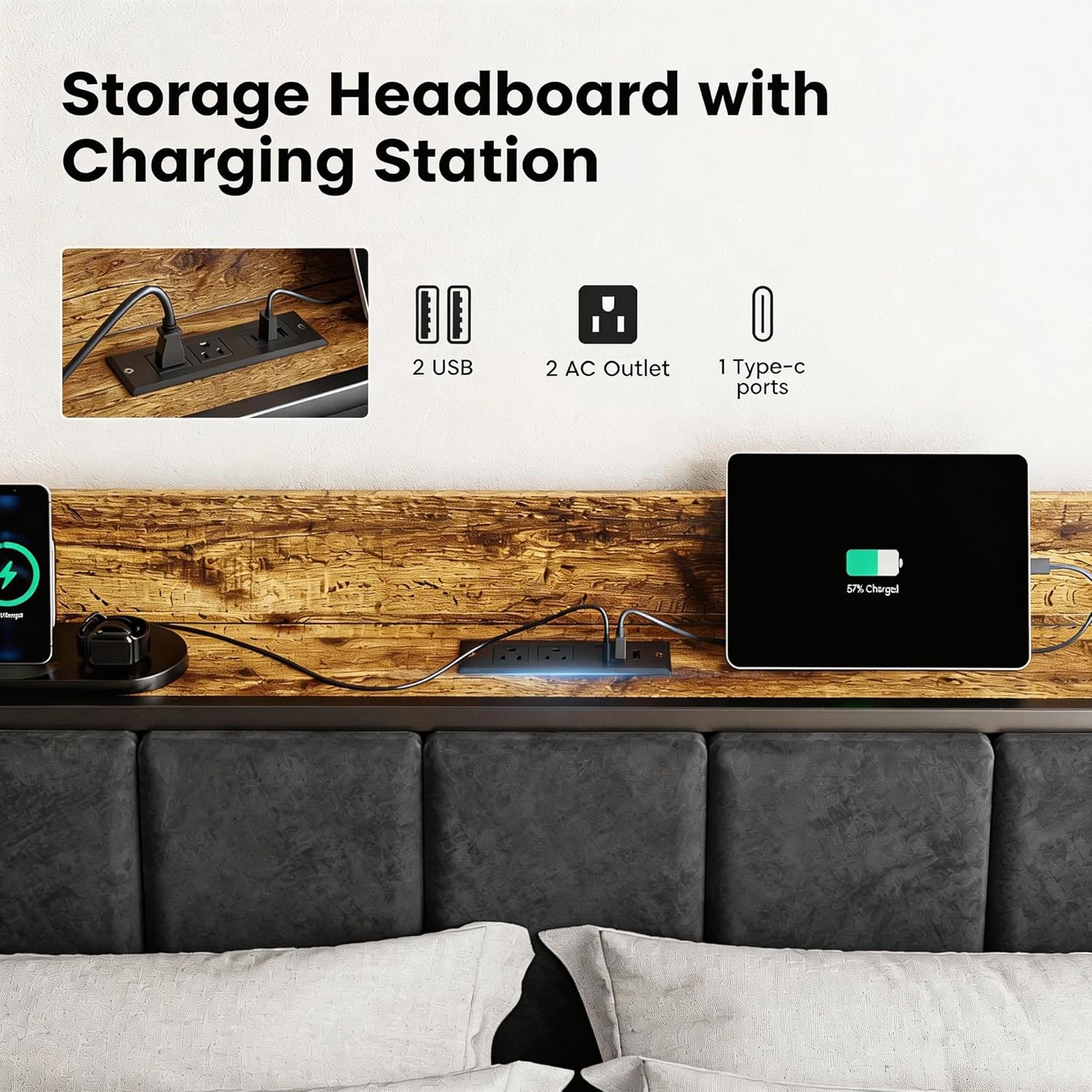 Queen Size Bed Frame with Charging Headboard, Metal Platform Bed with Smart LED Lights, Heavy Duty Metal Slats, No Box Spring Need