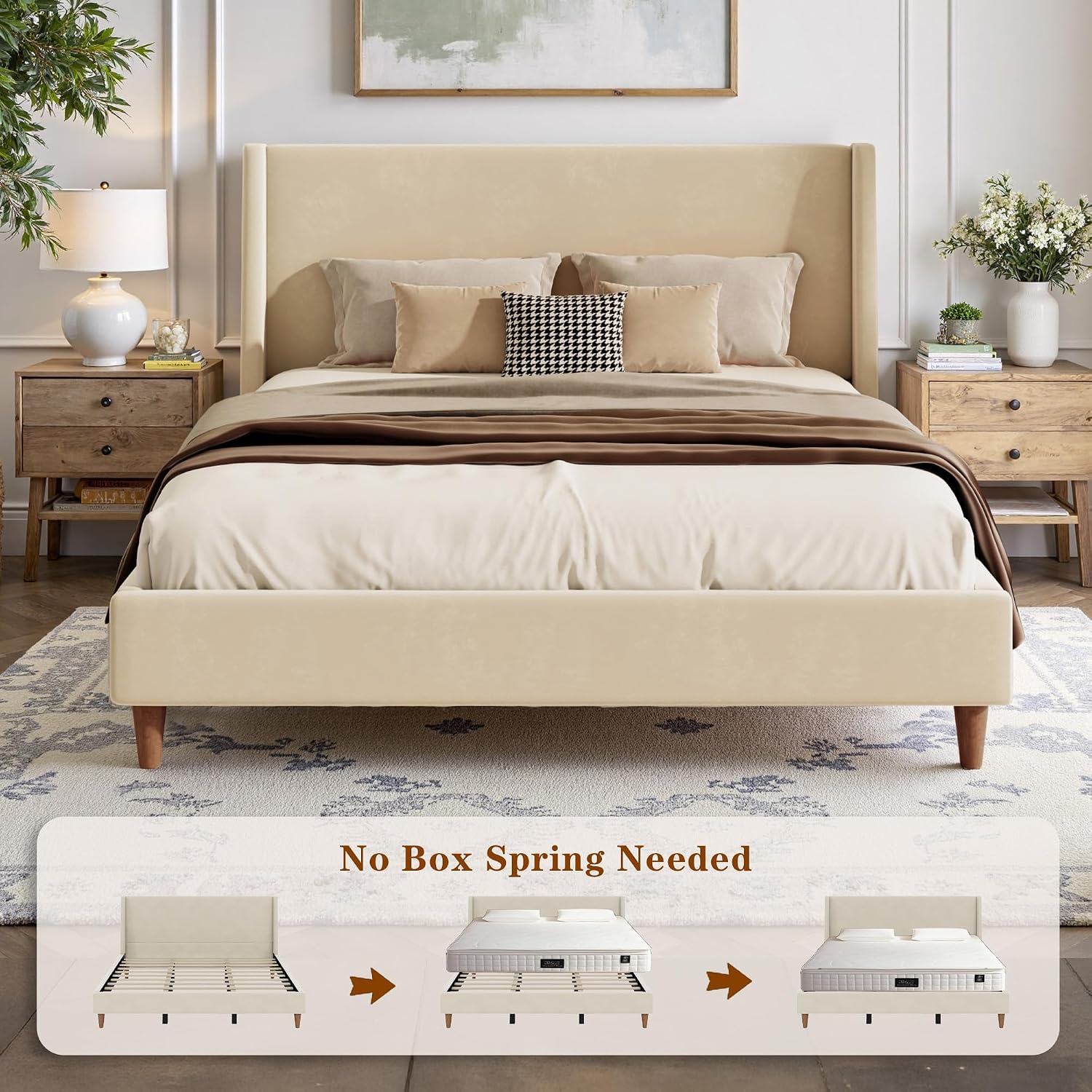 King Size Upholstered Platform Bed Frame, Modern Wingback Bed with Headboard, Upholstered Bed Frames with Walnut Wooden Legs, No Box Spring Needed/Easy Assembly, Beige Velvet