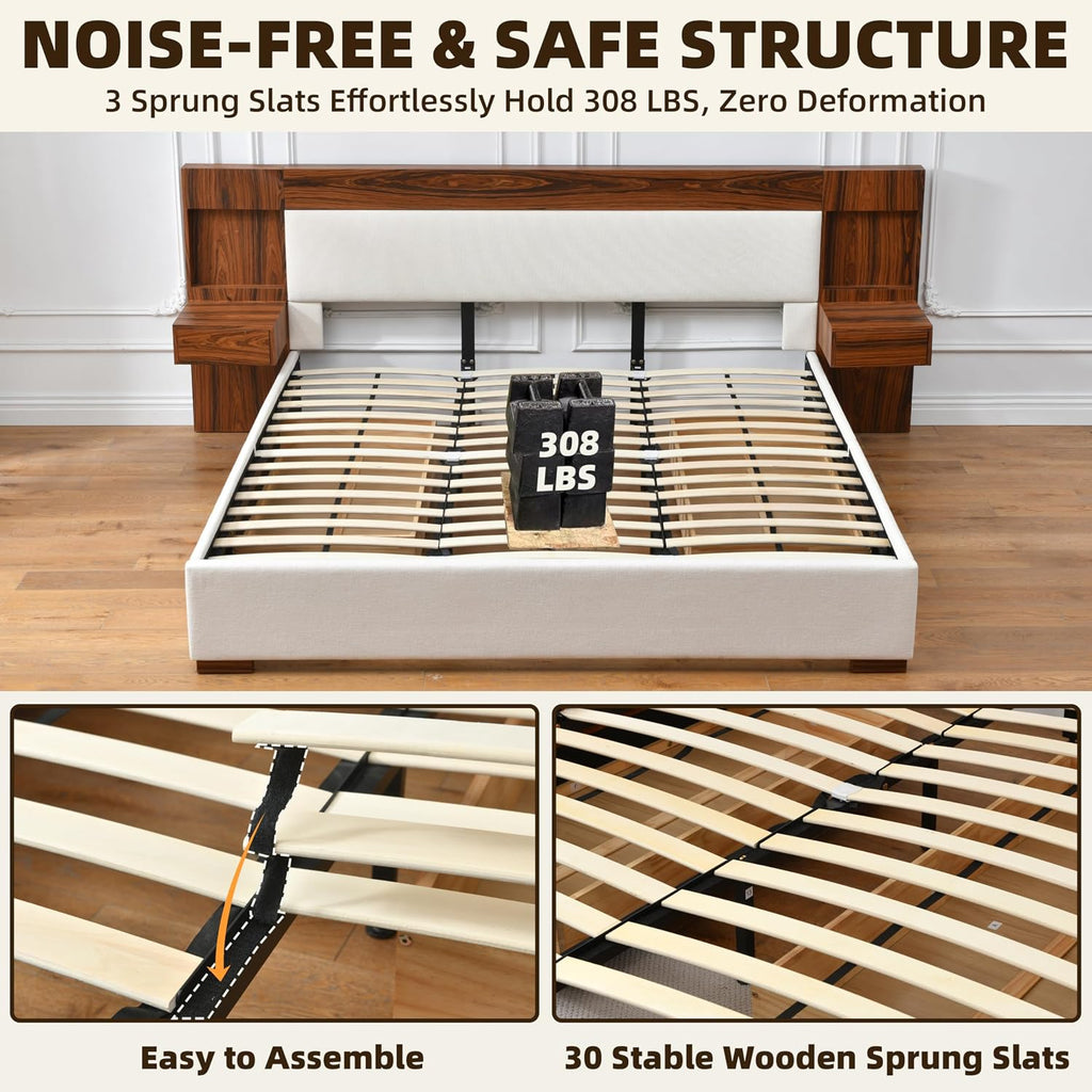 King Size Wood Bed Frame with Built-in Nightstands, Linen Platform Bed Frame with 2 Drawers, Natural Wood Grain & Luxury Upholstered Storage Headboard, No Box Spring Needed, Easy Assembly, Cream