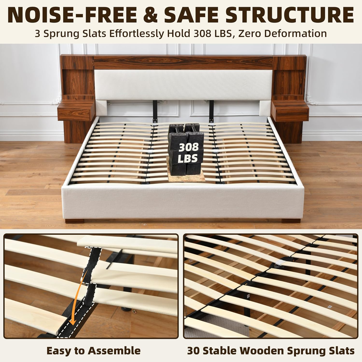 King Size Wood Bed Frame with Built-in Nightstands, Linen Platform Bed Frame with 2 Drawers, Natural Wood Grain & Luxury Upholstered Storage Headboard, No Box Spring Needed, Easy Assembly, Cream