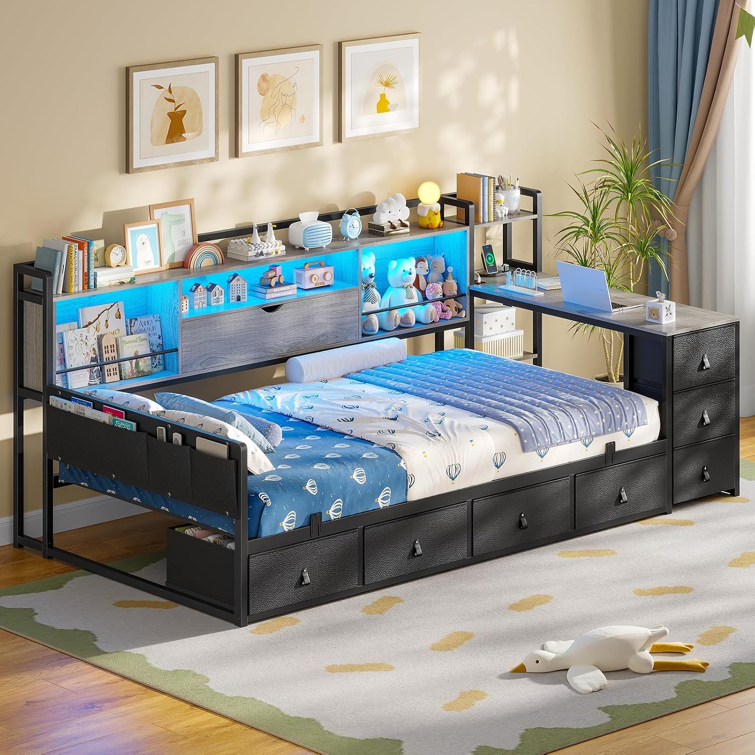 ADORNEVE Corner Bed Frame Twin Size with Desk, Storage Bookcase & 7 Drawers, Twin Metal Platform Daybed with Charging Station and RGB Lights, for Kids Bedroom, Black&Oak Gray