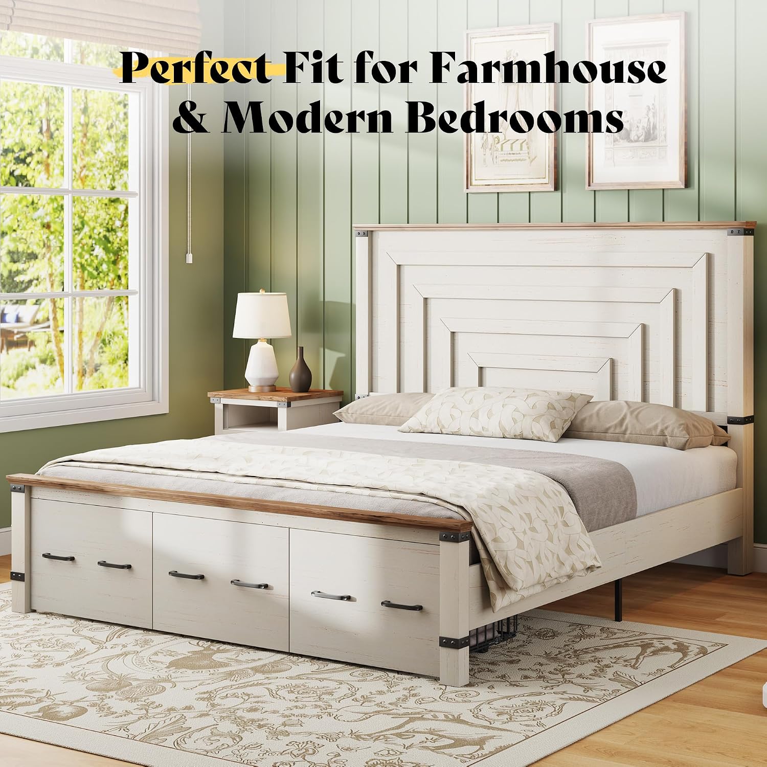 AMERLIFE Farmhouse King Size Bed Frame with 51' Tall Geometric Headboard & Footboard, Rustic Wood Platform Bed Frame/w 3 Large Storage Drawers, Wood Slats Support, No Box Spring Needed, Rustic White