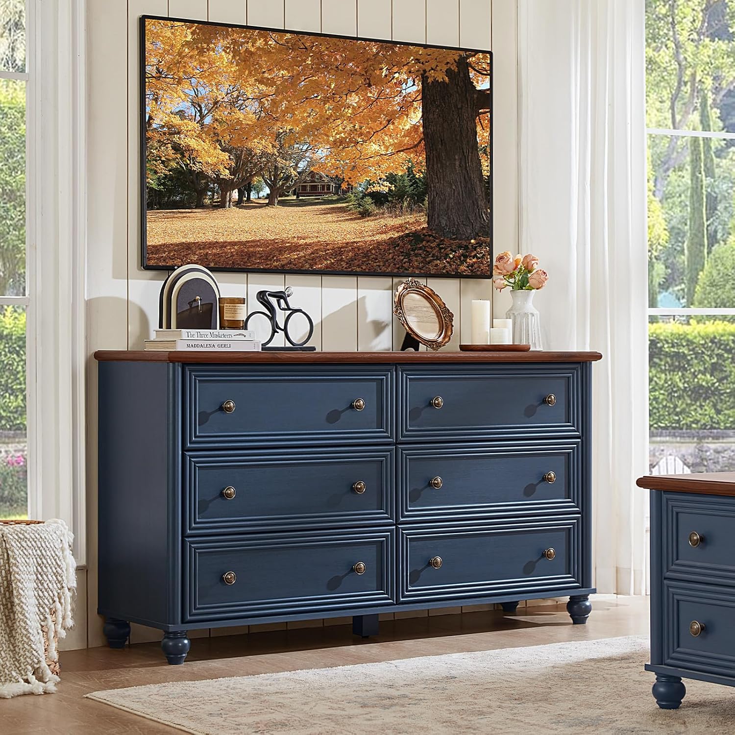RWYHG Farmhouse Dresser and Nightstand Sets 4 Piece, Wooden 6 Drawers Dresser & 43.5' Tall Chest of Drawers, 18' Roman Column Nightstand Set of 2, Furniture Dressers for Bedroom, Living Room