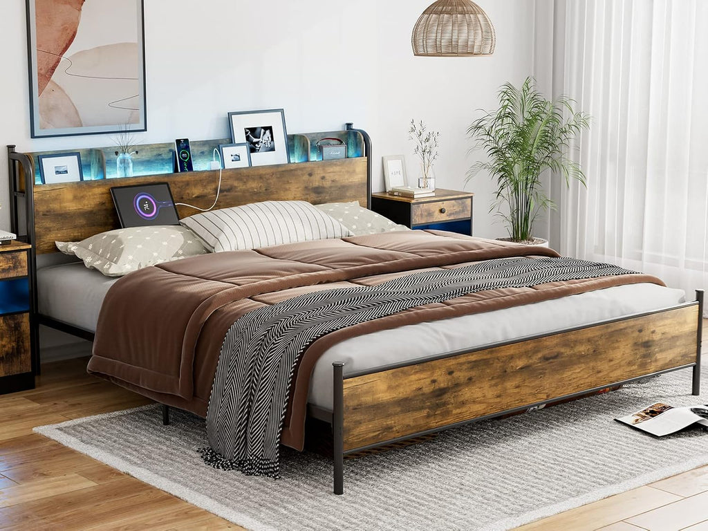 IKIFLY King Size Bed Frame with Storage Shelf Headboard & Charging Station, Industrial Metal King Platform Bed with LED Lights, Strong Metal Slats Support, No Box Spring Needed, Rustic Brown