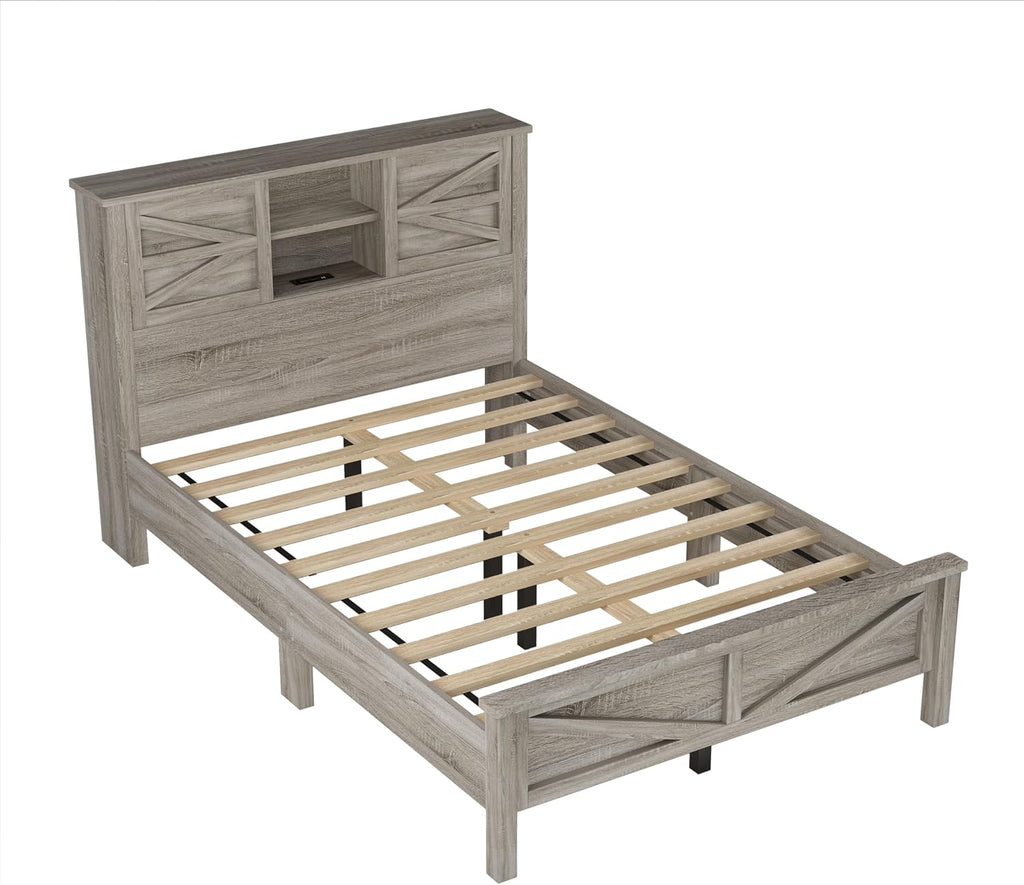 SOFTSEA 3 Piece Wood Platform Bed Set, Full Size Bed Frame with Sliding Door Storage Headboard, Storage Nightstand and Dresser, Farmhouse Bedroom Set with Charging Station, Antique Gray