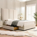 YUHUASHI Queen Size Bed Frame with 64-inch High Headboard, Simple and Airy Linen Upholstered Platform Bed with Storage Drawers, Wood Slat, No Noise (Beige, Queen)
