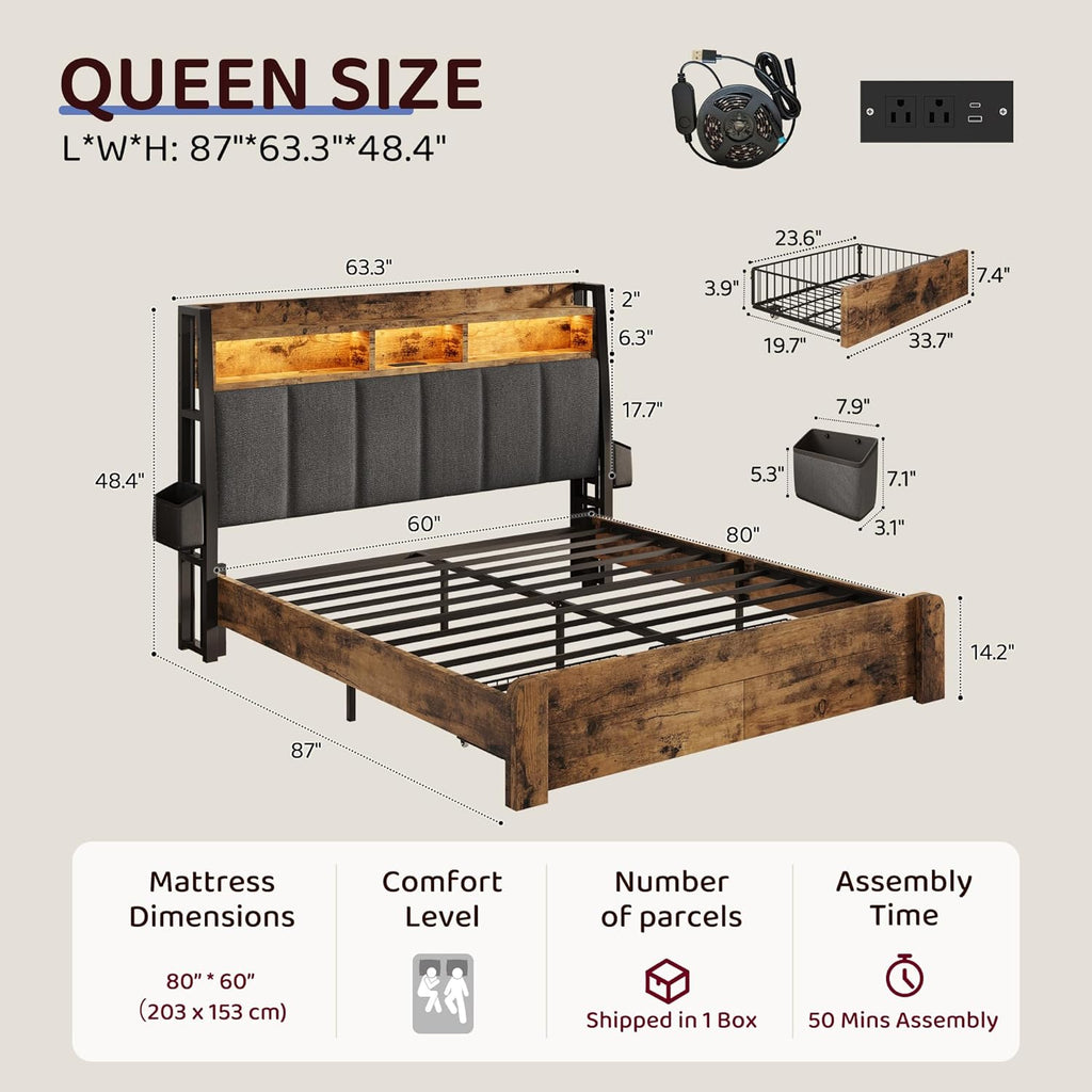 BRELTAM Queen Bed Frame with Storage Drawers Upholstered Bed with 2-Tier Storage Headboard and LED Light&Charging Station,Metal Platform Bed Frame Queen Size,No Box Spring Needed,Vintage Brown