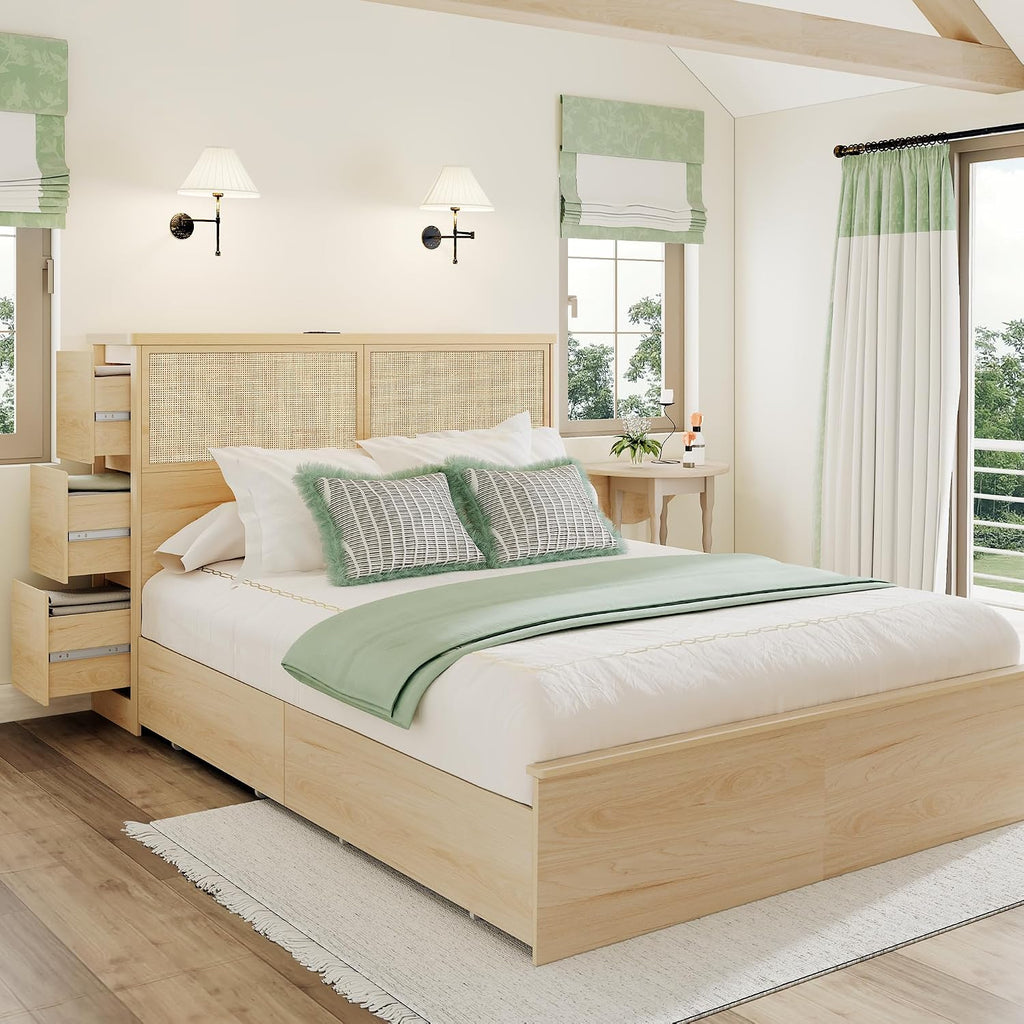 Yechen Natural Rattan Queen Bed Frame with Storage, 10 Drawers & Storage Headboard with Charging Station, Boho Rattan Wood Bed Frame with Metal Frame, Noise Free, No Box Spring Needed