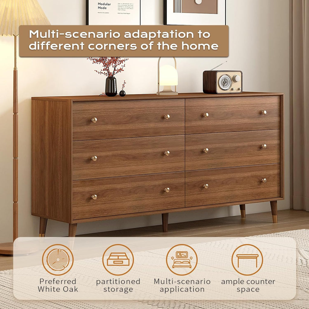 Messenya 6 Drawer Dresser for Bedroom, 55 Inch Walnut Dresser for Closet, Mid Century Wood Chest of Drawers with Natural Texture & Pre-Embedded Slots for TV Stand, Living Room, Hallway, Office