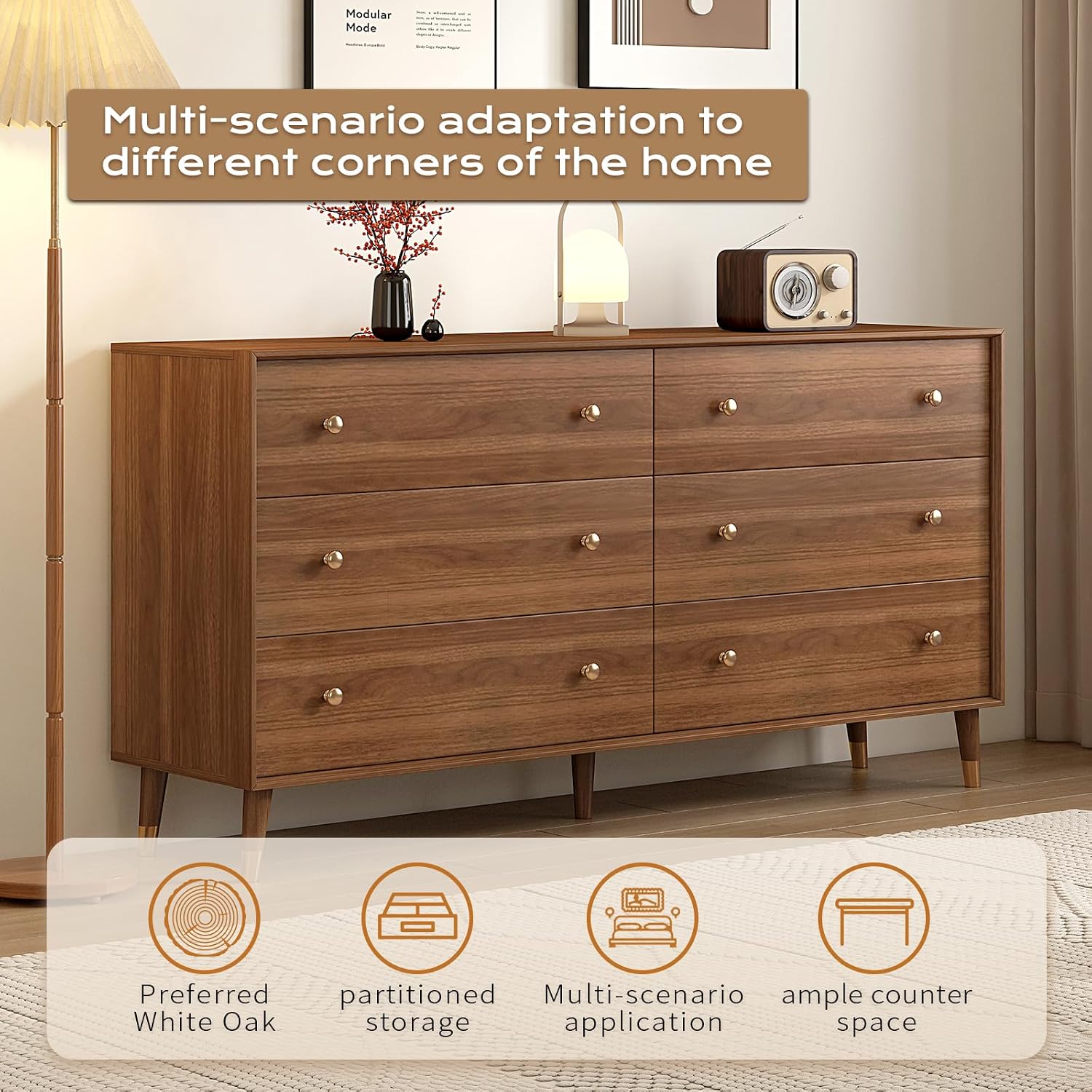 Messenya 6 Drawer Dresser for Bedroom, 55 Inch Walnut Dresser for Closet, Mid Century Wood Chest of Drawers with Natural Texture & Pre-Embedded Slots for TV Stand, Living Room, Hallway, Office