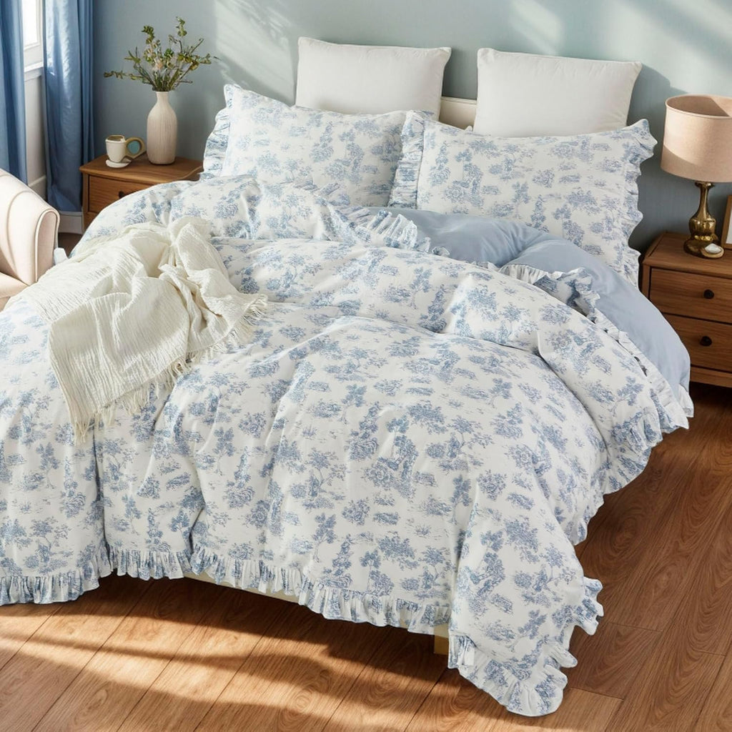 Brandream French Country Garden Toile Floral Duvet Quilt Cover King Size 100% Cotton Bedding Set Toile Tapestry Pattern Blossom Tree Branches Delicate Ruffle Fringe Design