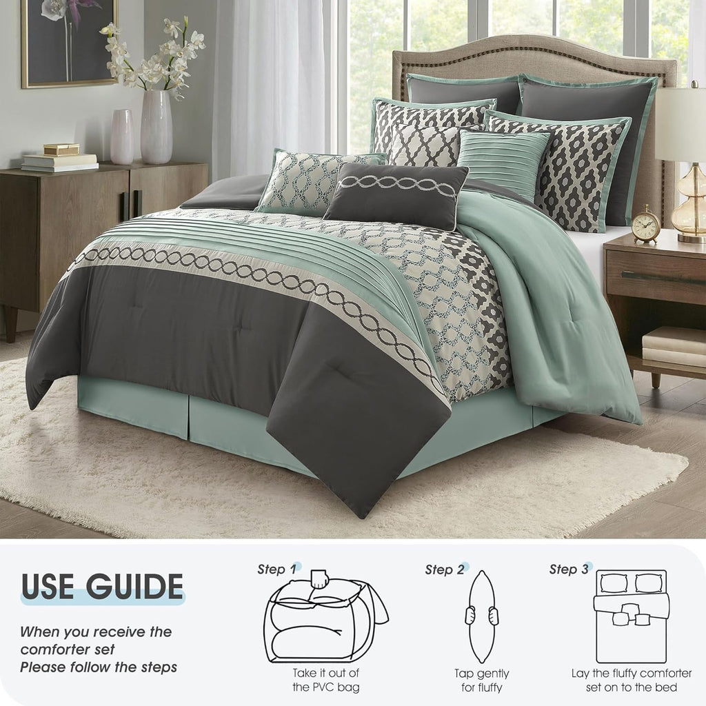 LANCO MODERN LIFESTYLE King Size Comforter Set, Blue Grey, 10 Piece Bed in a Bag for All Seasons, Luxury Extreme Comfort Bedding Sets with Bedskirt, Pillow Shams, Euro Shams and Decor Pillows